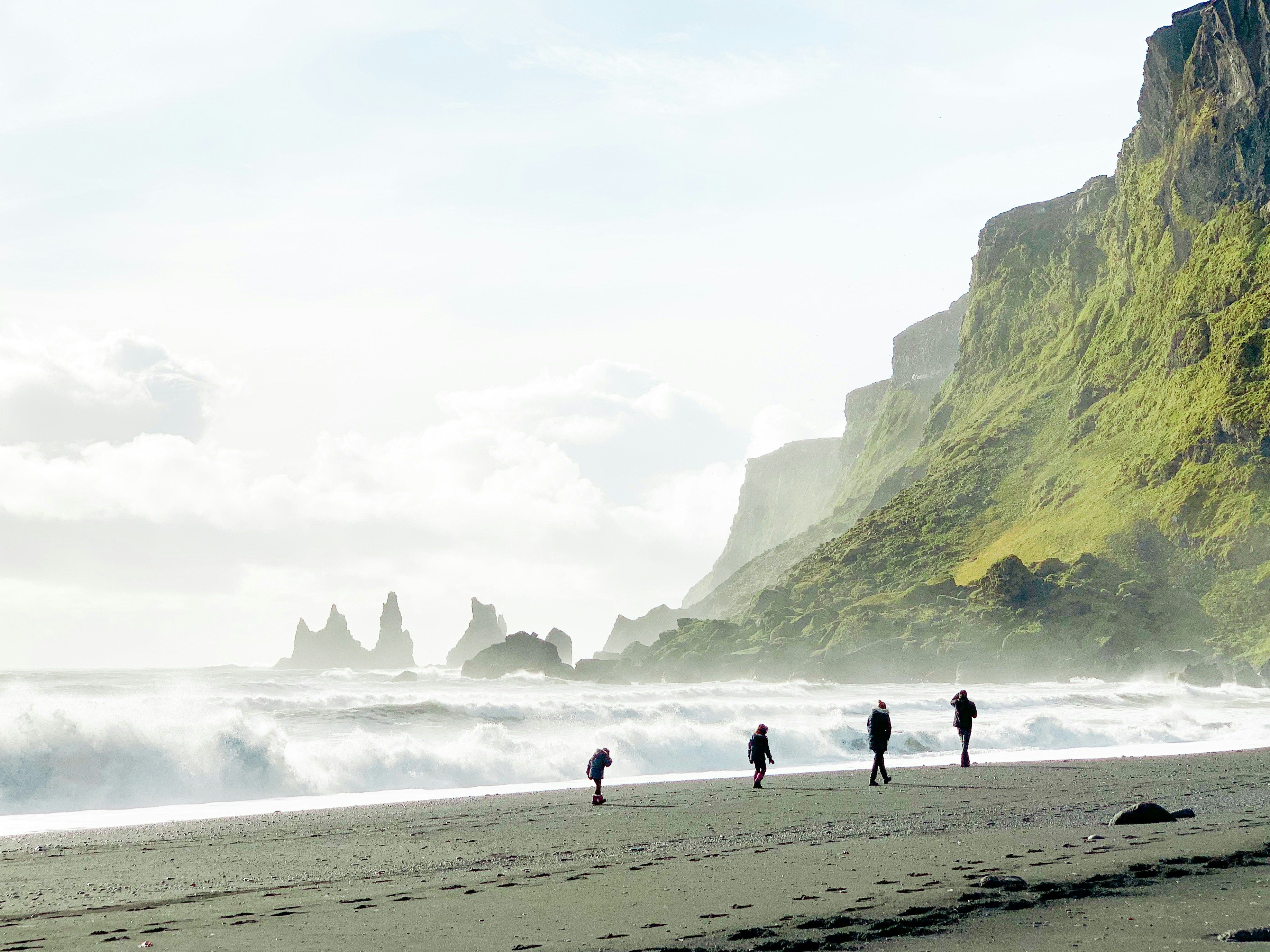People walking on Víkurfjara beach, with its black sand, rugged cliffs, and the Reynisdrangar sea stacks in the background.
