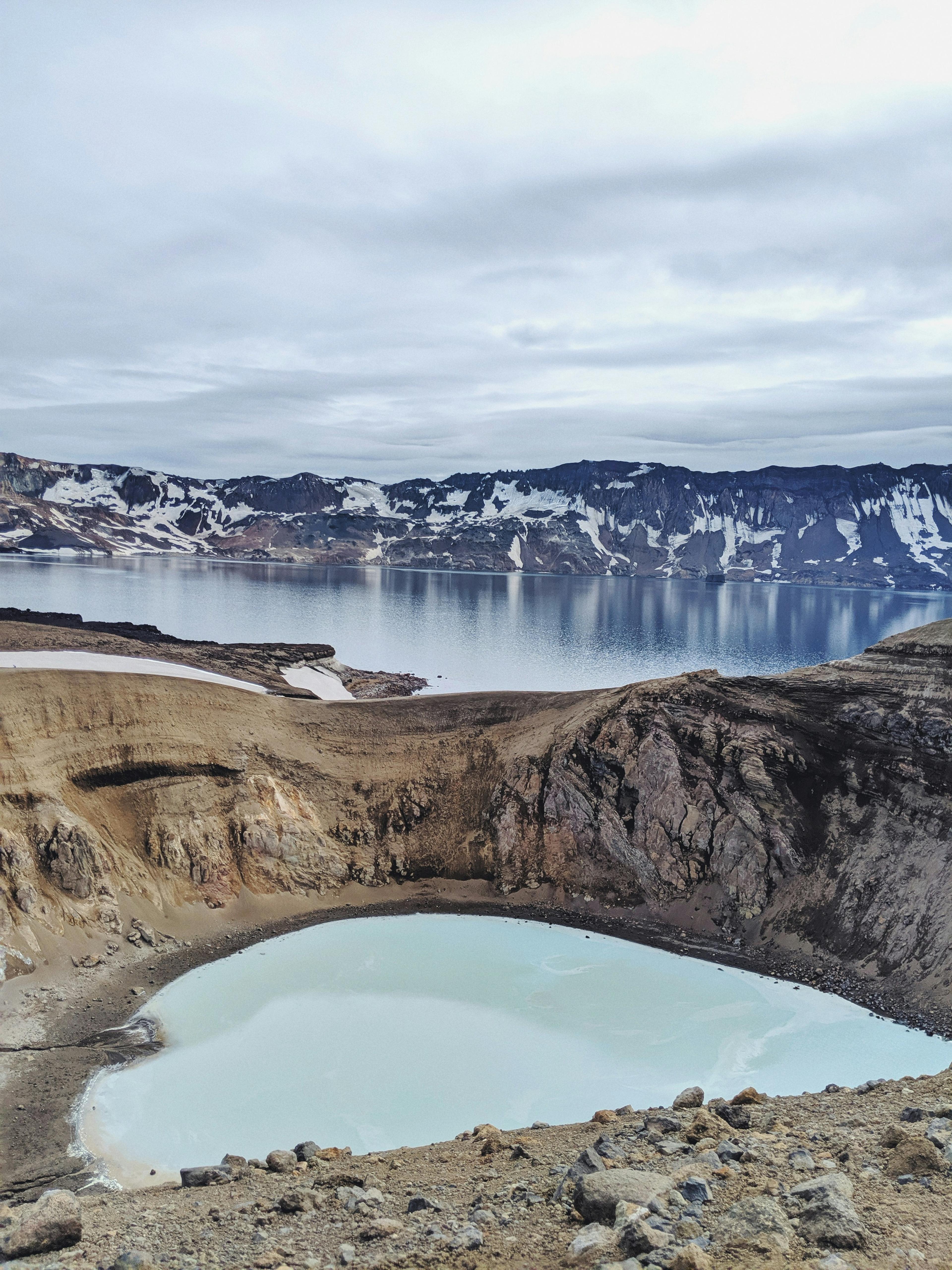  A scenic view of the Víti geothermal crater in the Askja caldera, with its milky-blue waters in the foreground and the larger, snow-capped volcanic landscape reflected in the calm waters of a lake in the background