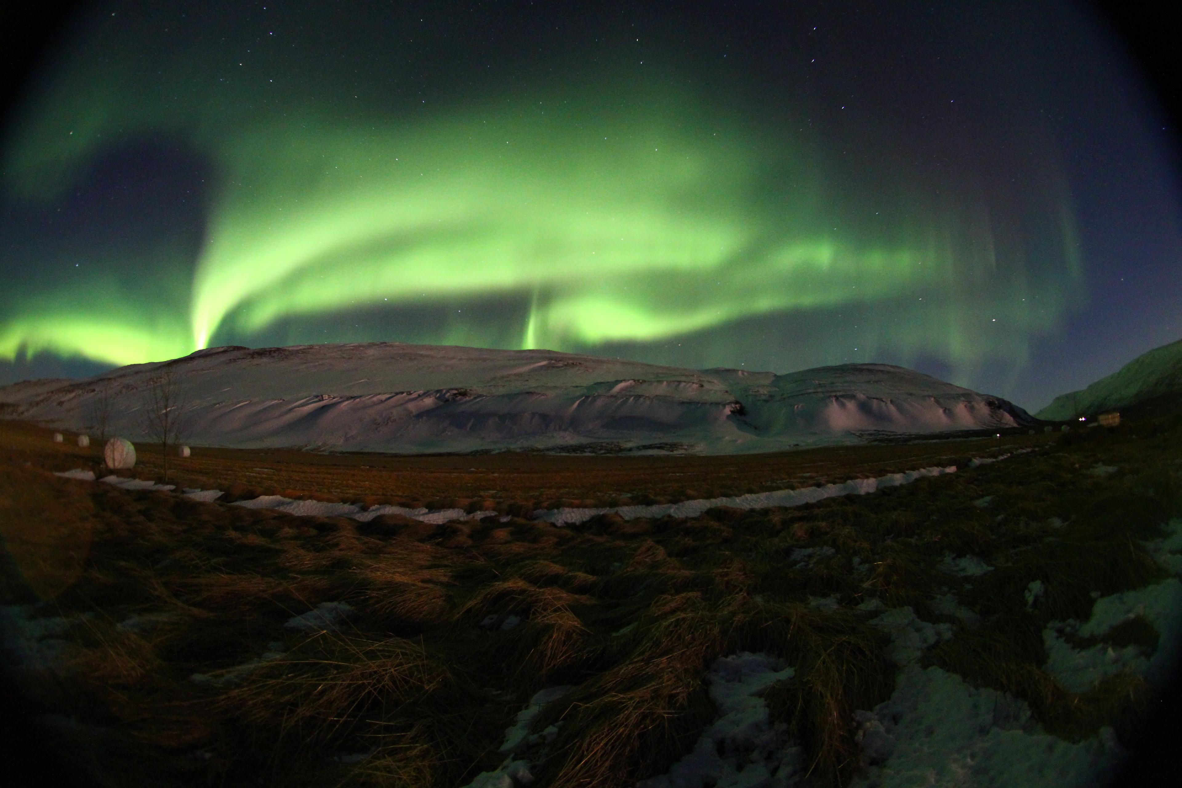Northern lights hovering over a snow capped mountain in Iceland.