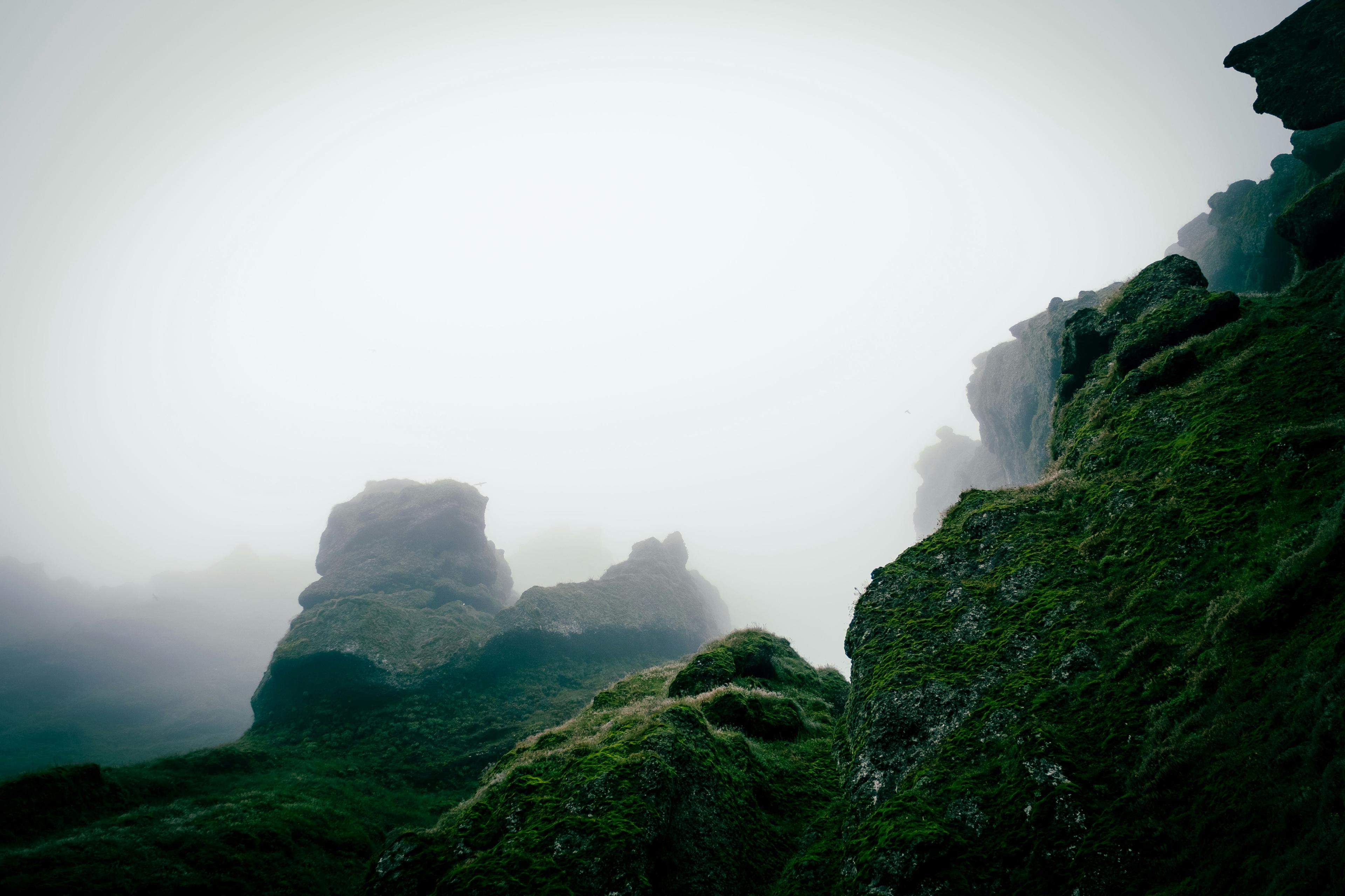 Eerie landscape of a misty canyon with silhouettes of rugged, moss-covered rocks, enveloped in a dense, atmospheric fog, creating a mysterious and ethereal setting