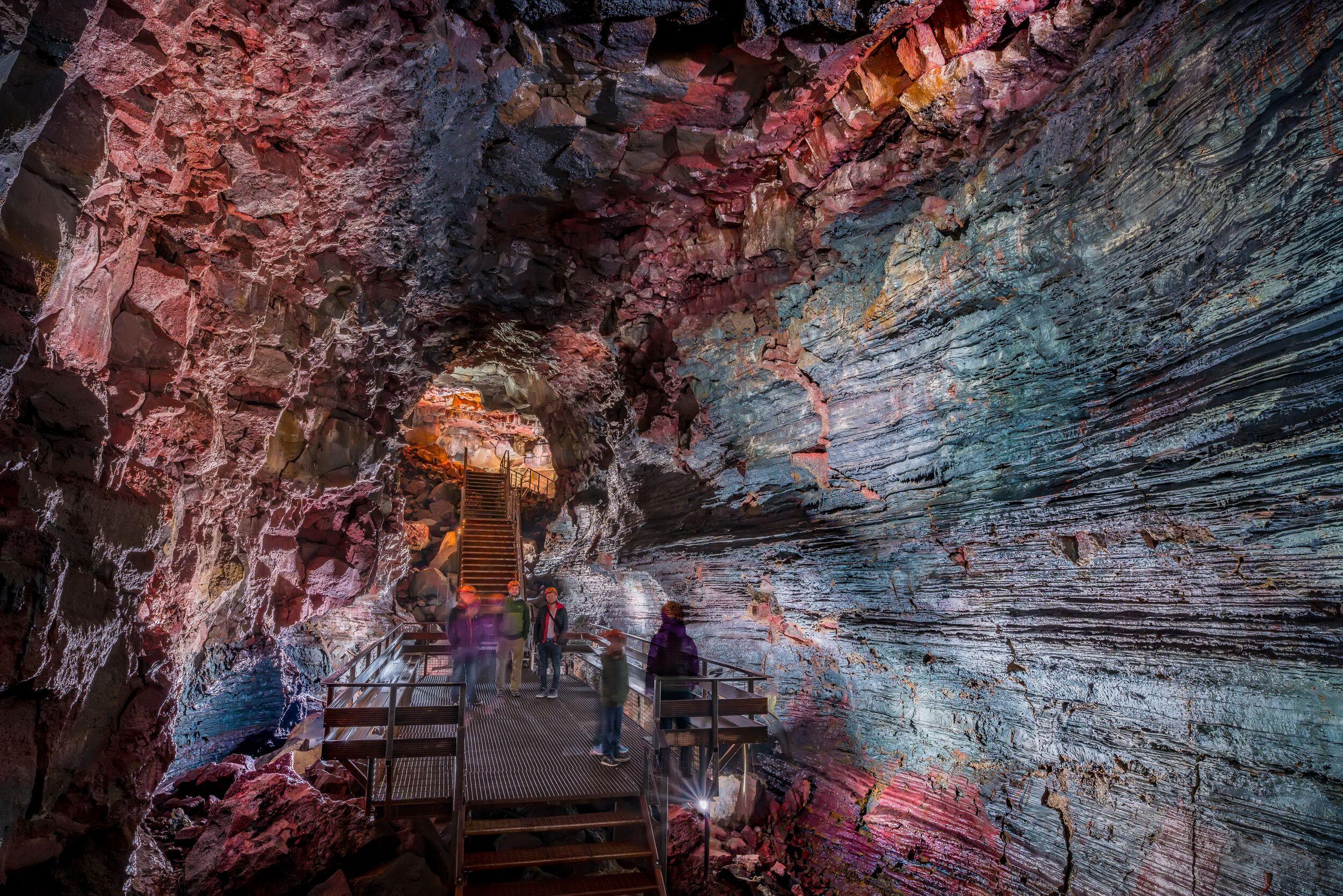 People inside the Lava Tunnel in Iceland.