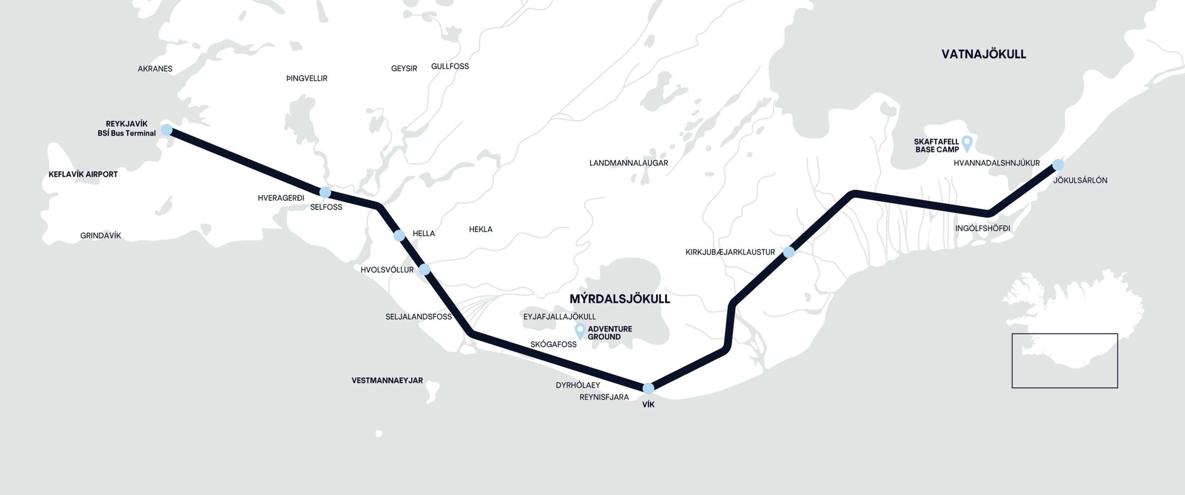 Map of Iceland showing a travel route across the south coast, from Reykjavik to Jökulsárlón, with stops at various landmarks.
