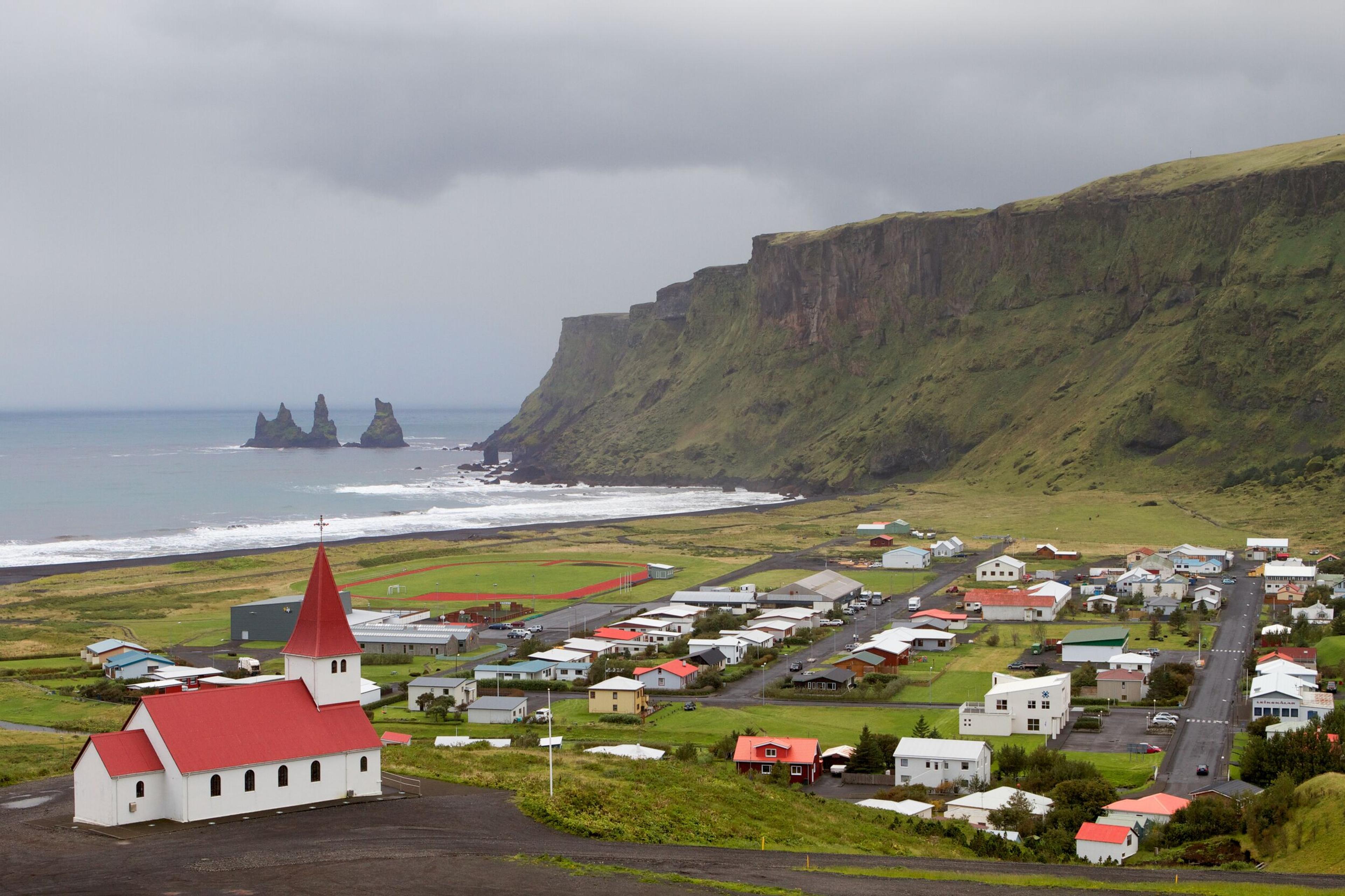 A panomaric view of the town Vík in south Iceland