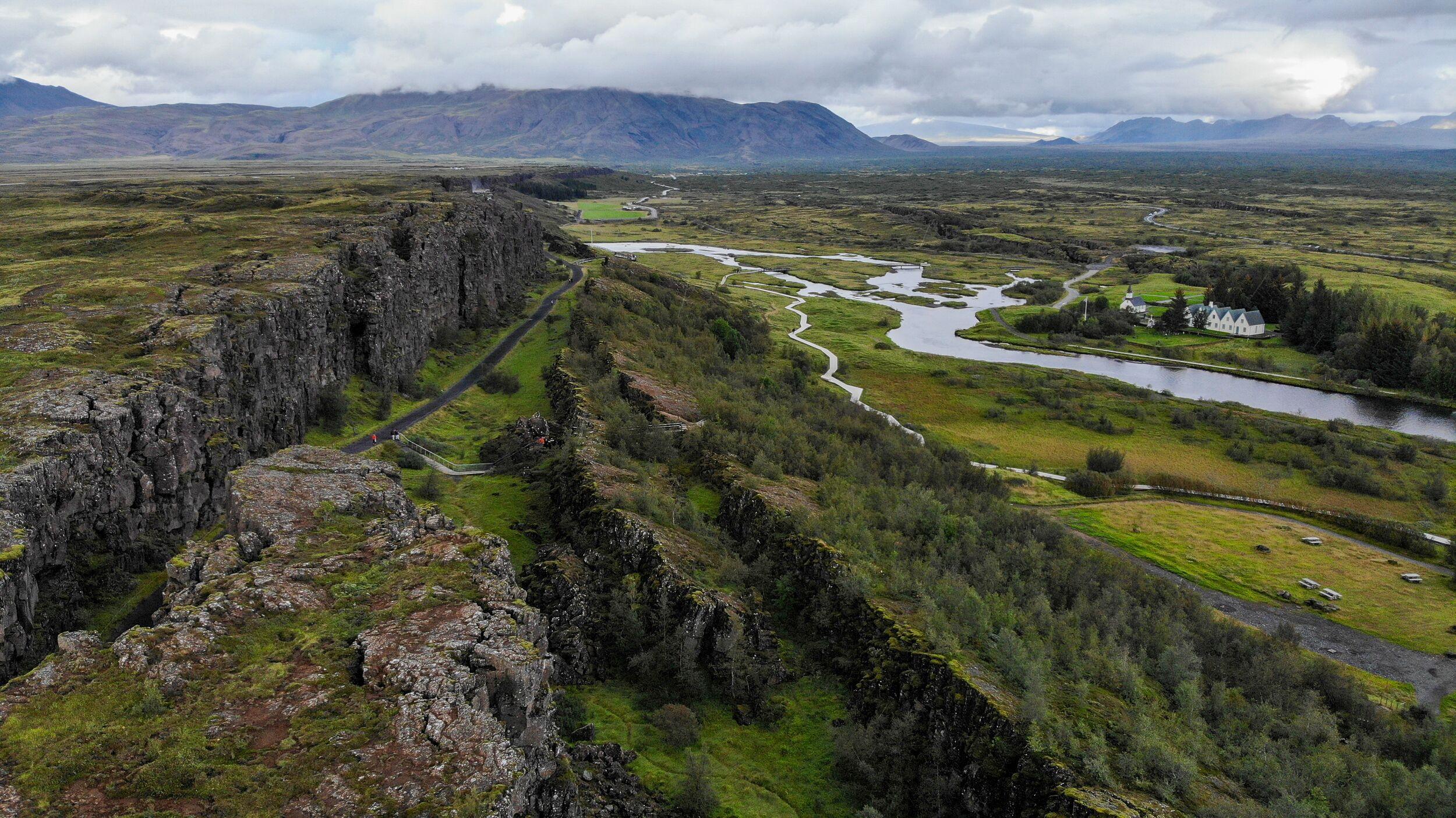 An aerial view over Þingvellir National park in the golden circle, Iceland.