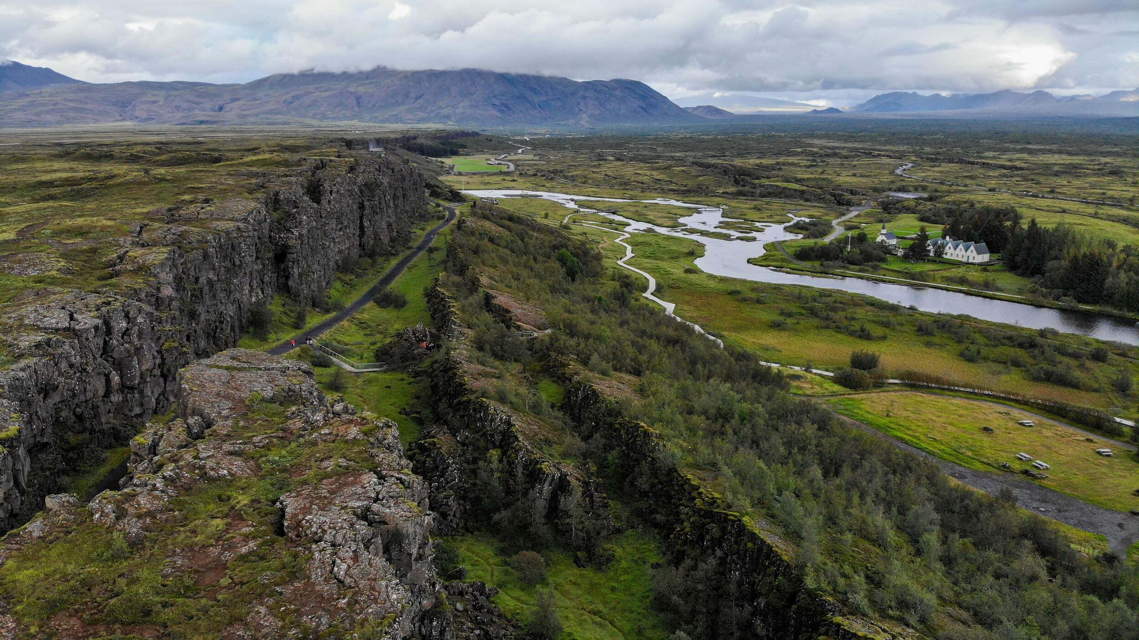 An aerial view over Þingvellir National park in the golden circle, Iceland.