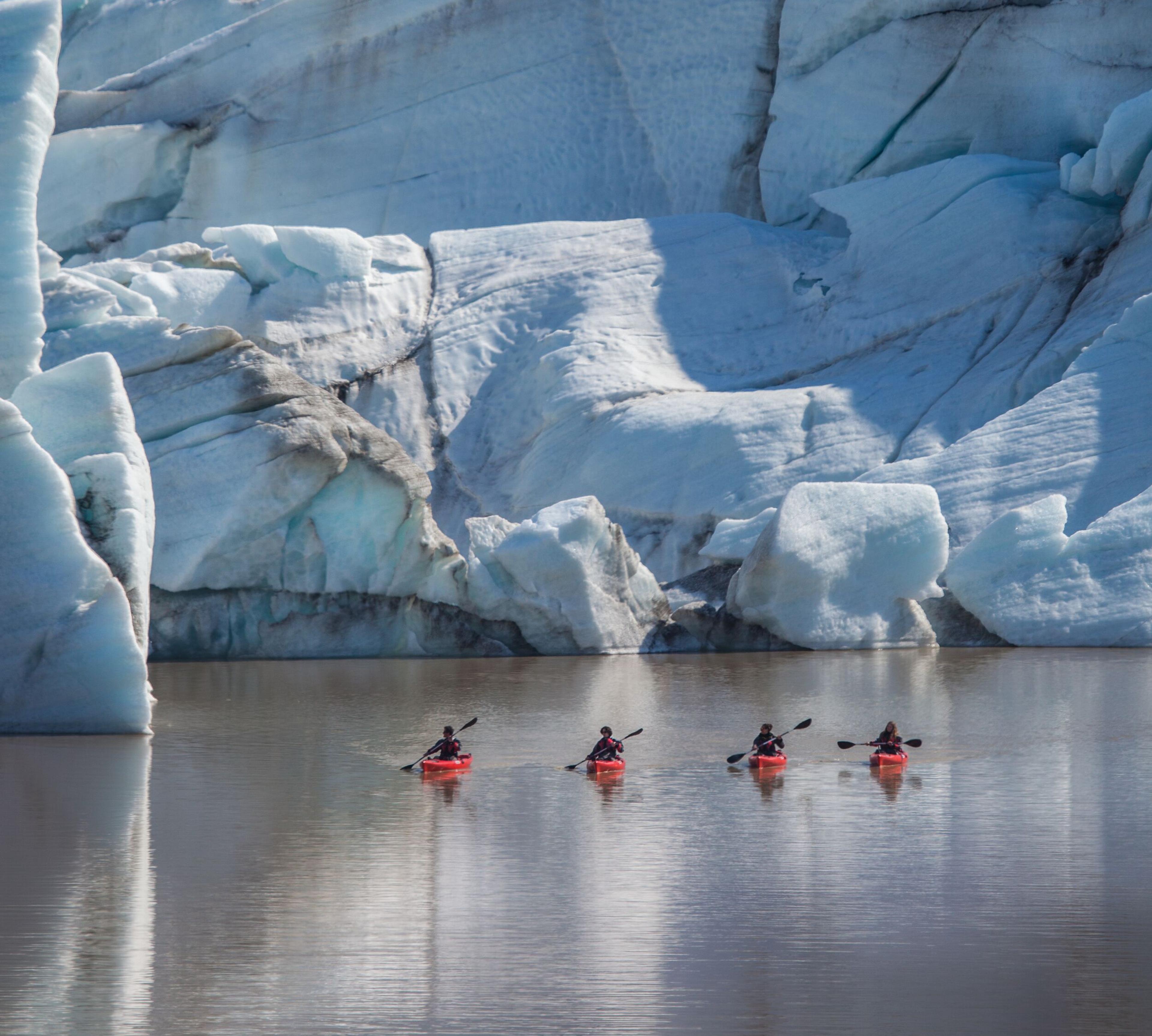 Four kayakers in orange kayaks paddling near large blue glaciers in Iceland.