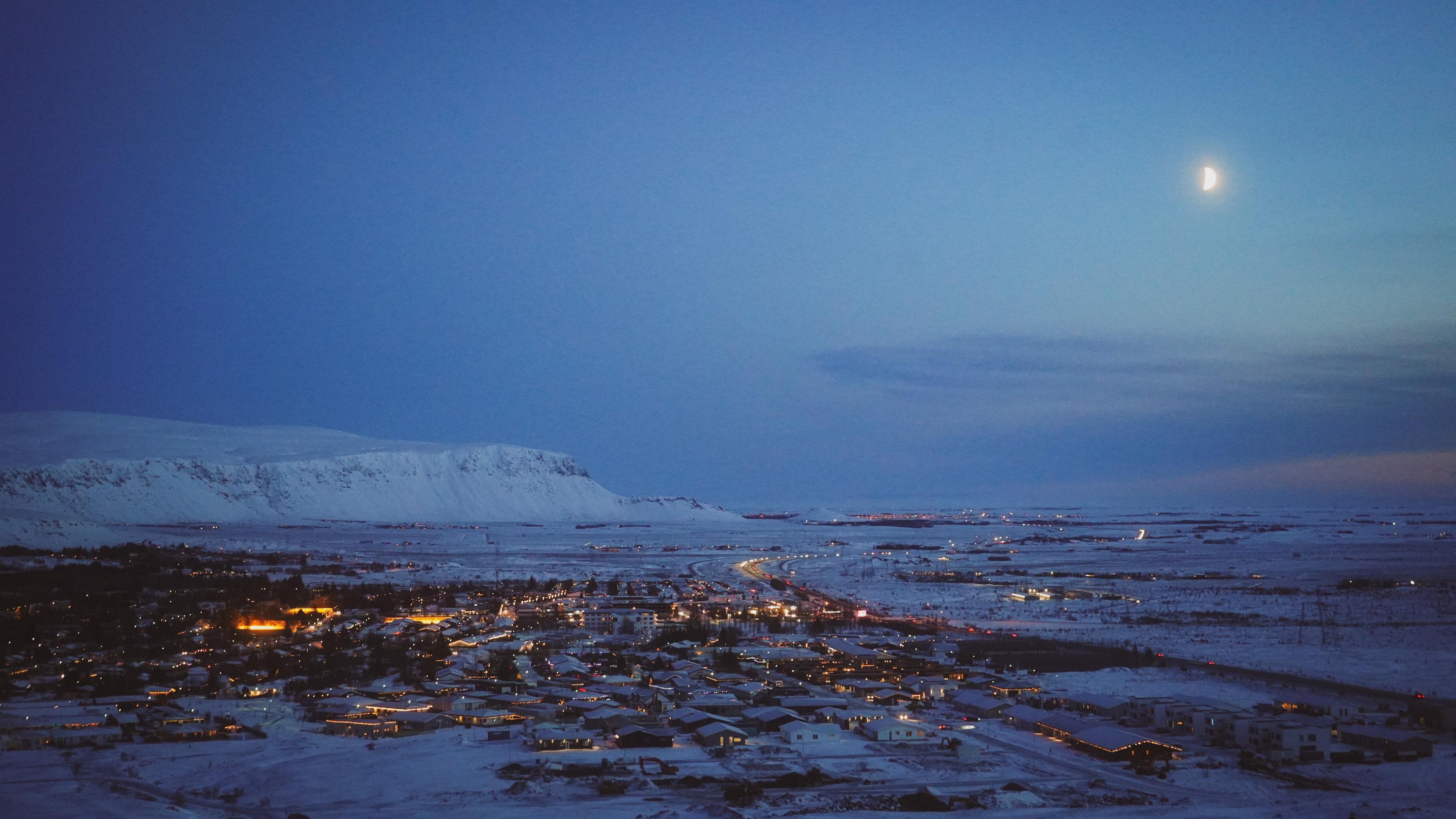 Aerial view of Hveragerði Town in the south coast of Iceland during winter time..