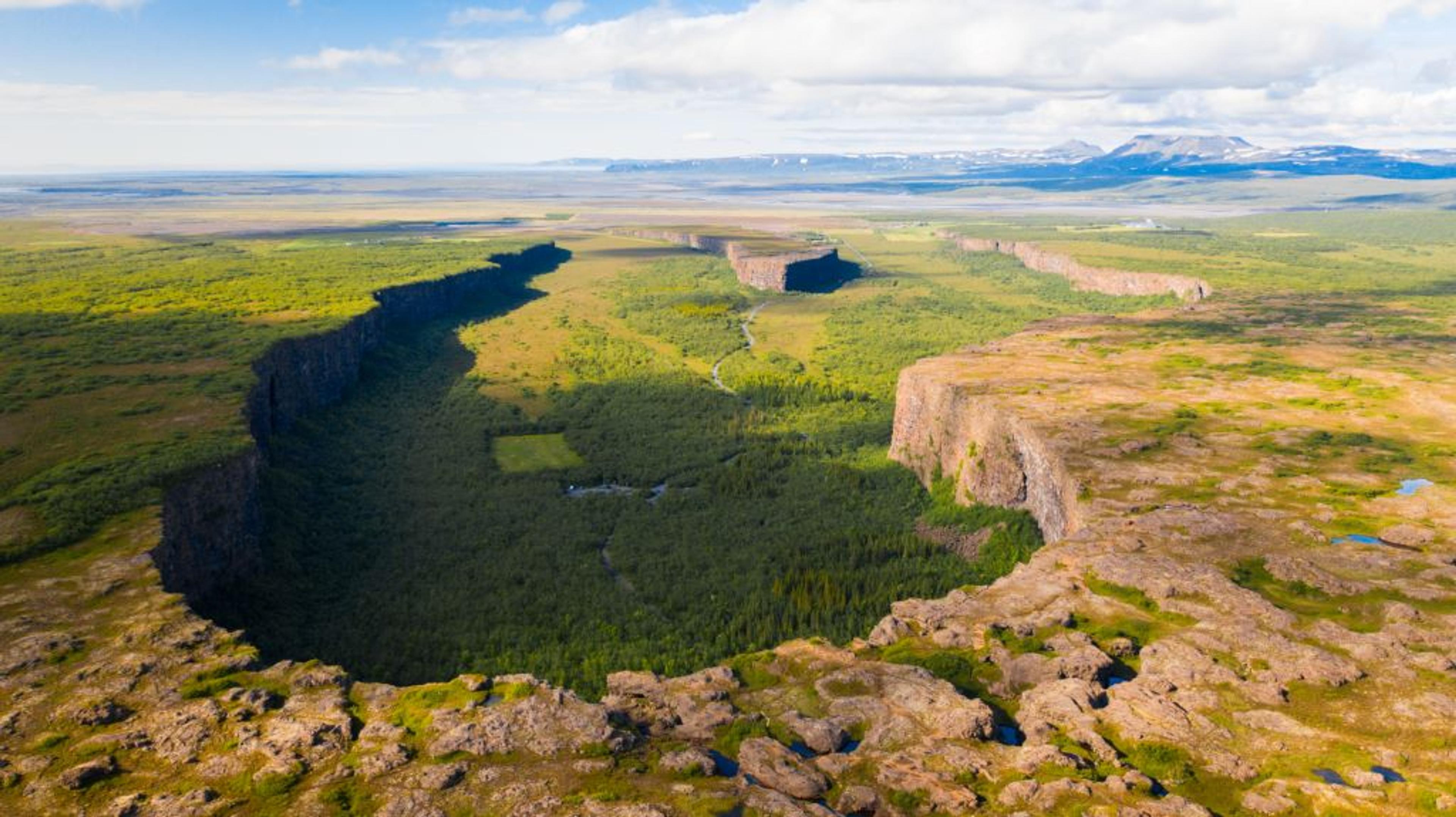 Aerial view of a deep, forested canyon winding through a green landscape.