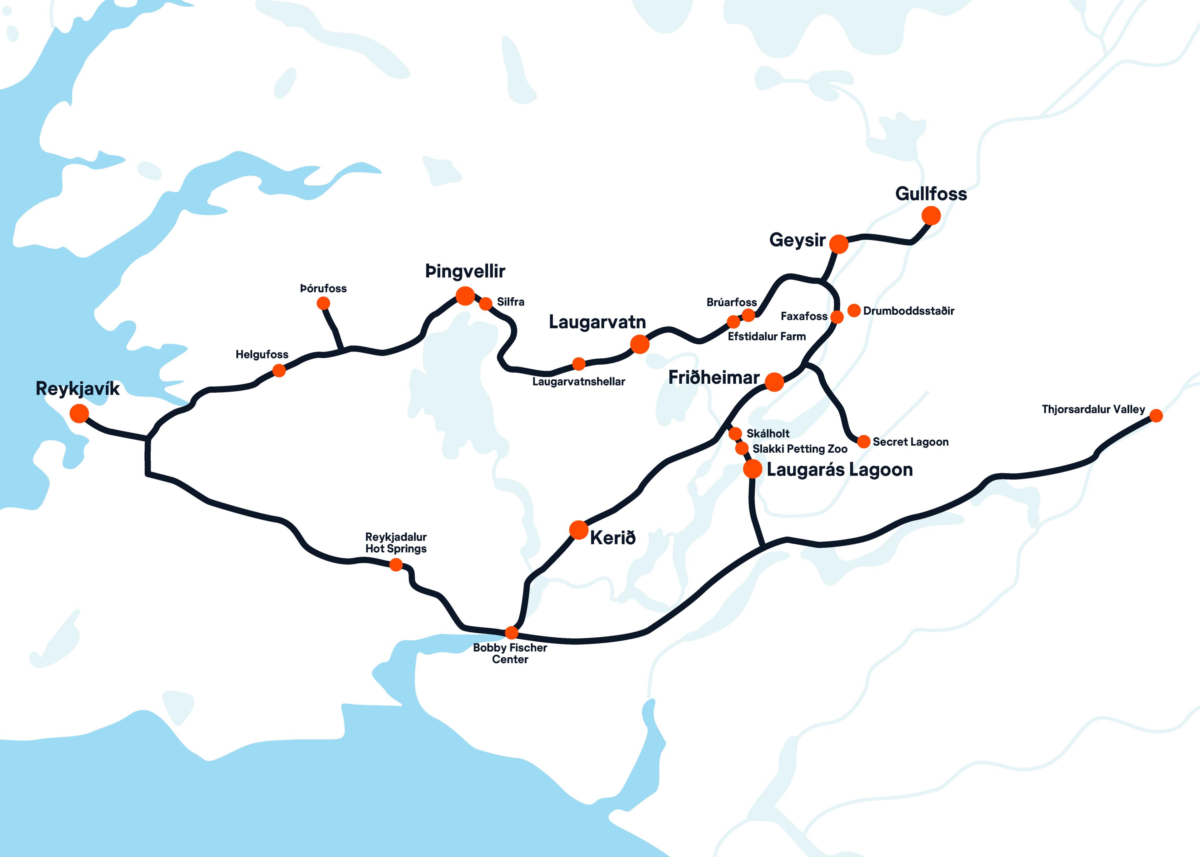 Map of Iceland's Golden Circle and nearby tourist attractions, including Reykjavik, Thingvellir, Geysir, and Gullfoss.