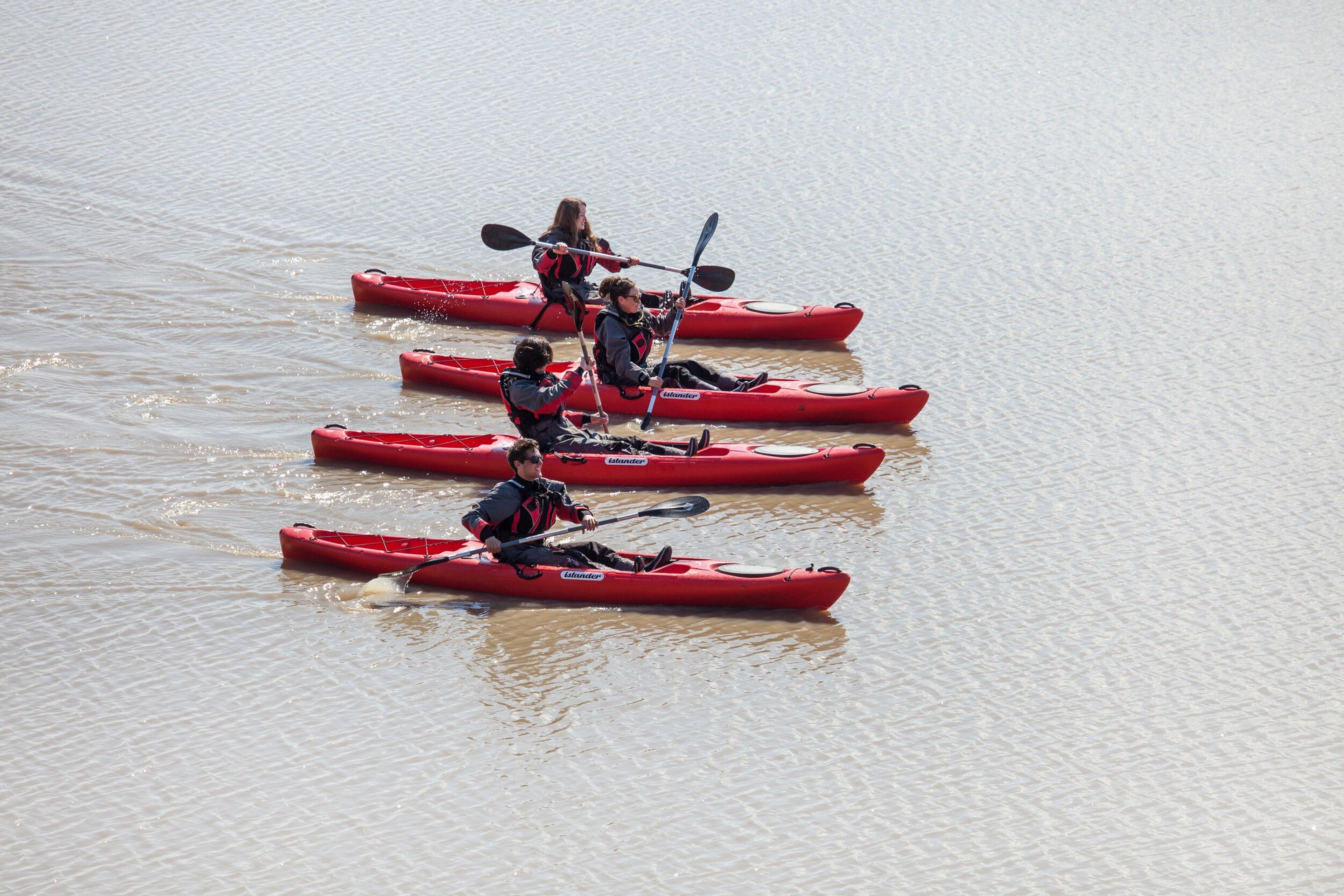 Four people in red kayaks paddle in a row on calm water, emphasizing group kayaking in Iceland.