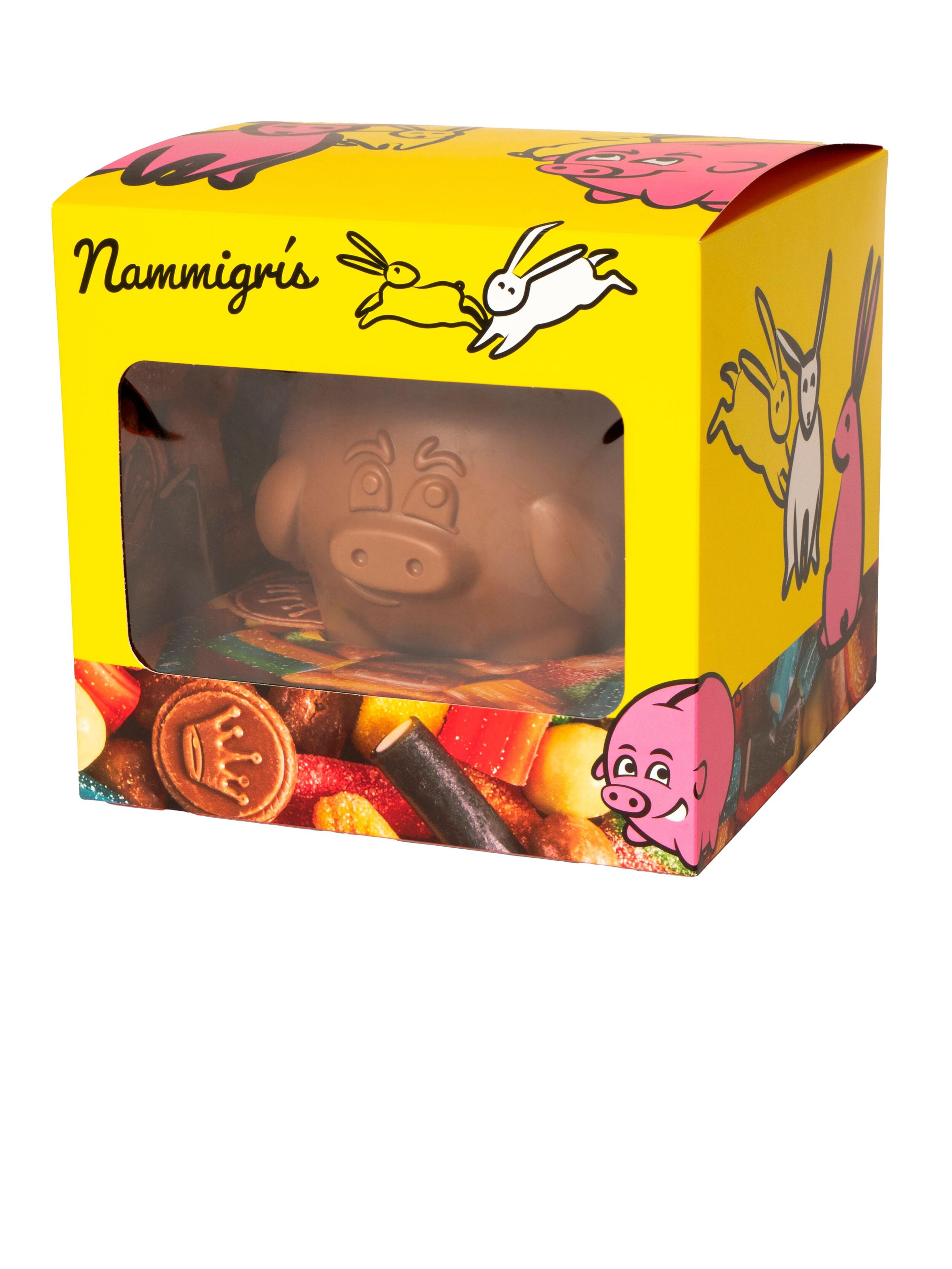 Nammigris yellow candy box featuring a chocolate pig and mixed candies visible through a window.