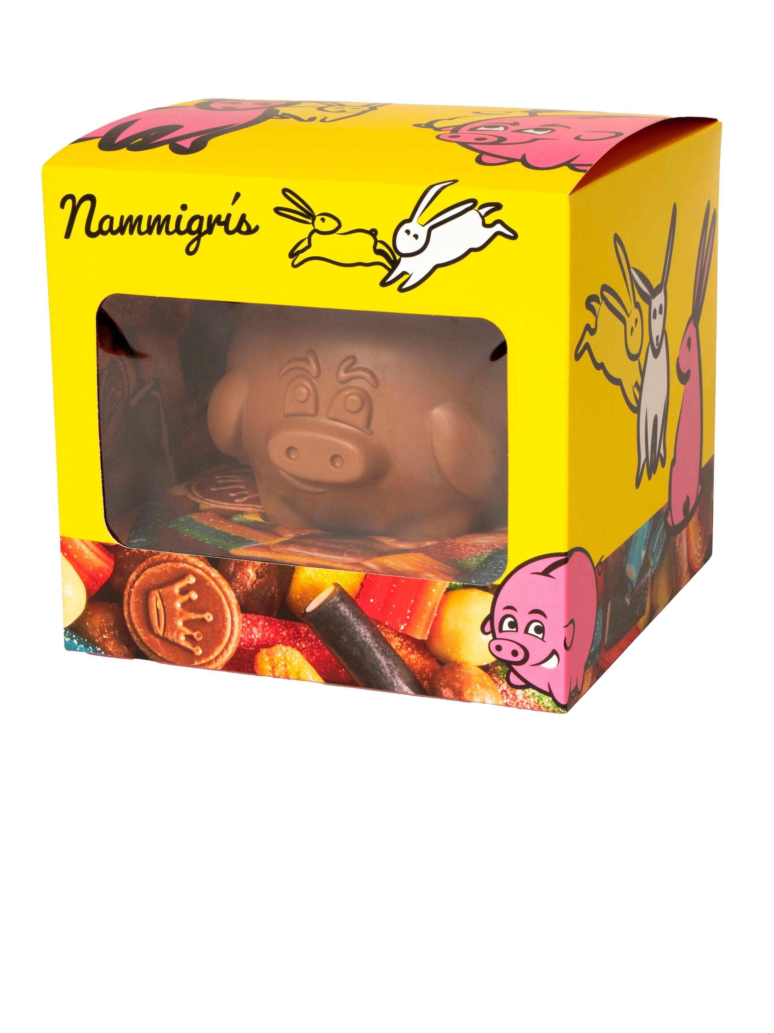 Nammigris yellow candy box featuring a chocolate pig and mixed candies visible through a window.