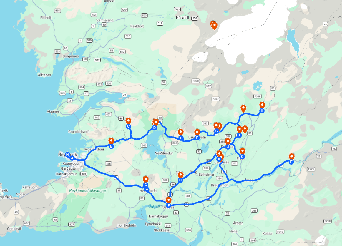 Map of Iceland showing a blue travel route with orange location pins, some labeled A-I.