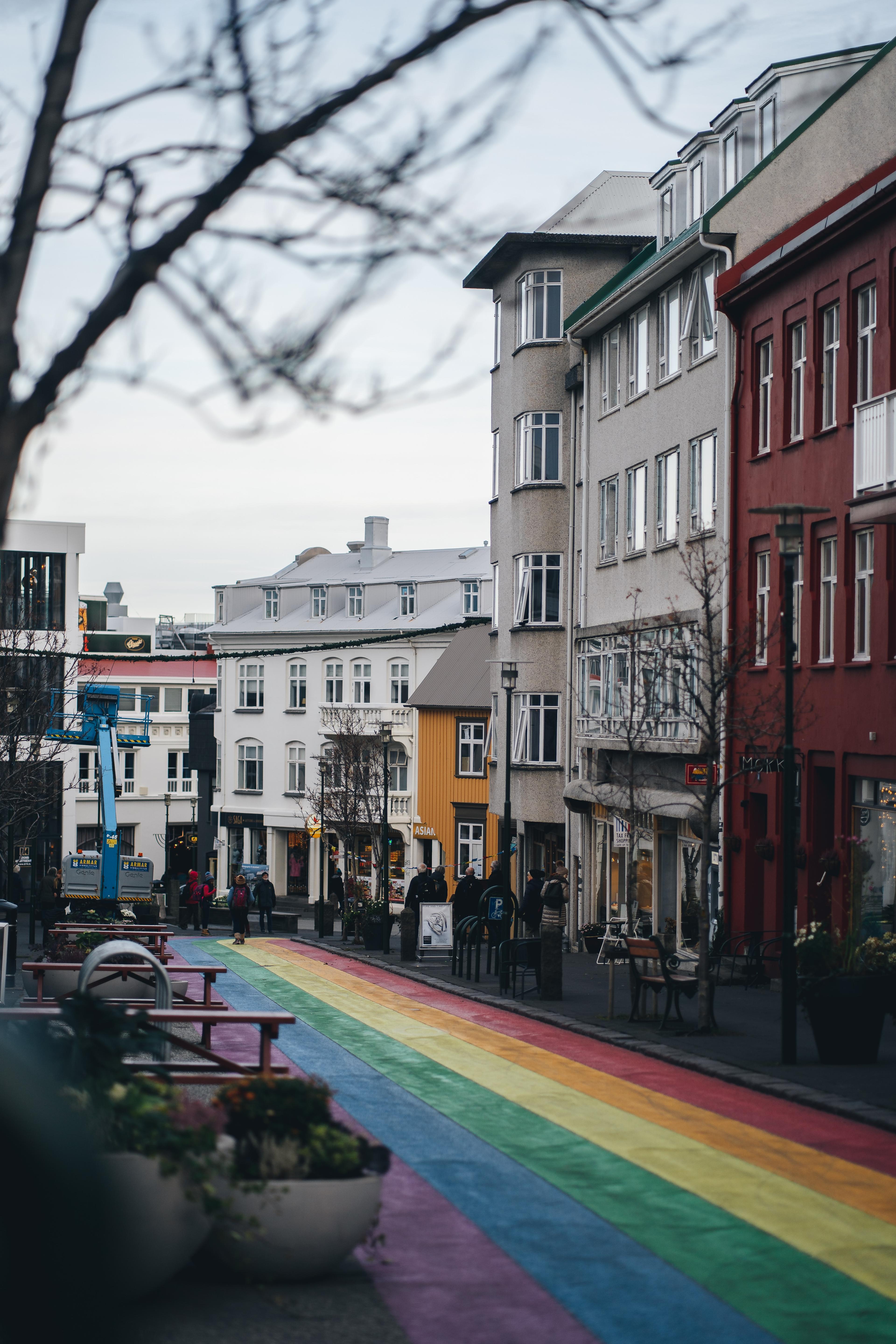 A vibrant and colorful street winding its way through downtown Reykjavík.