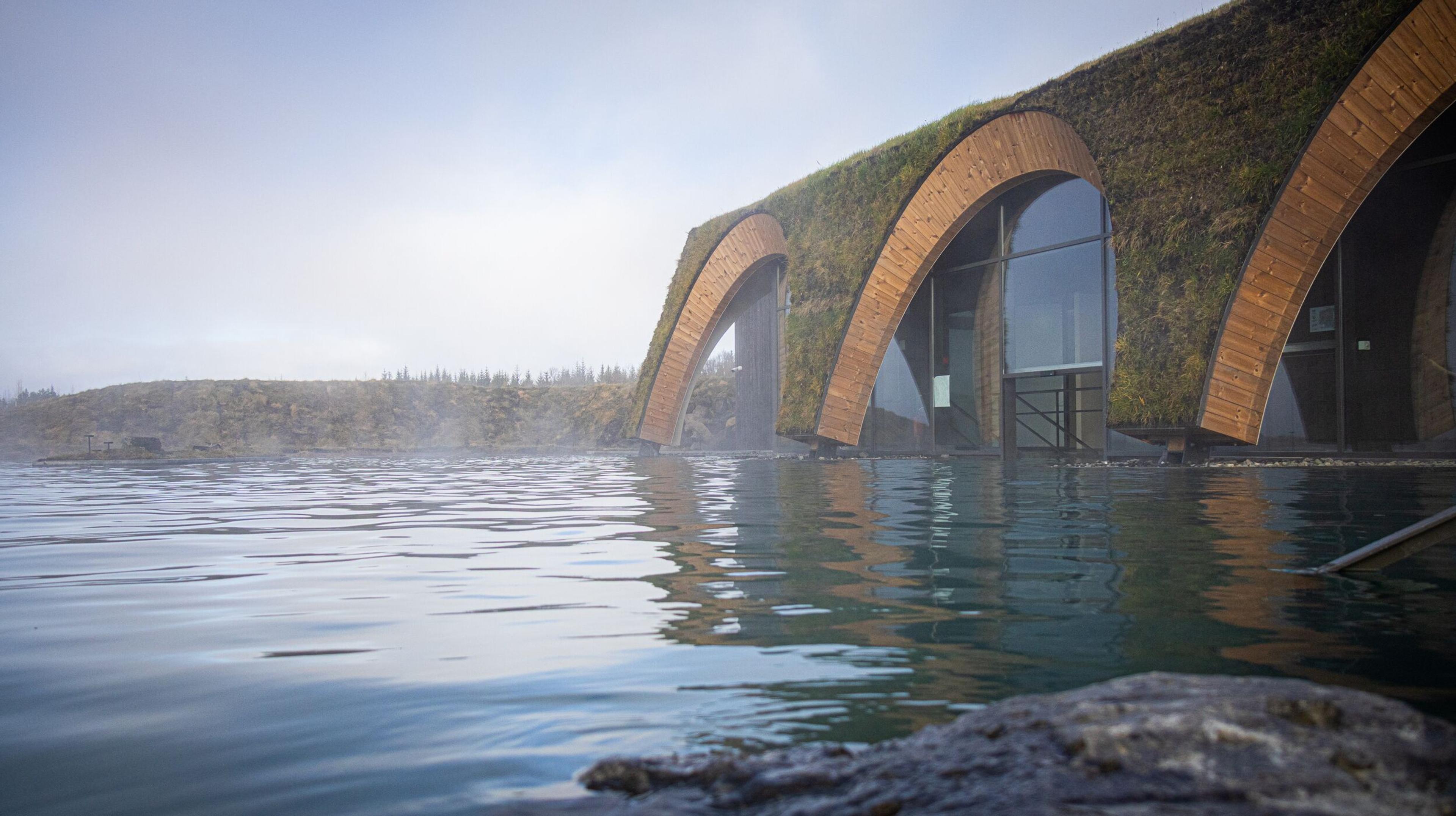 Modern building with a moss-covered roof and wooden arches next to a steaming pool.