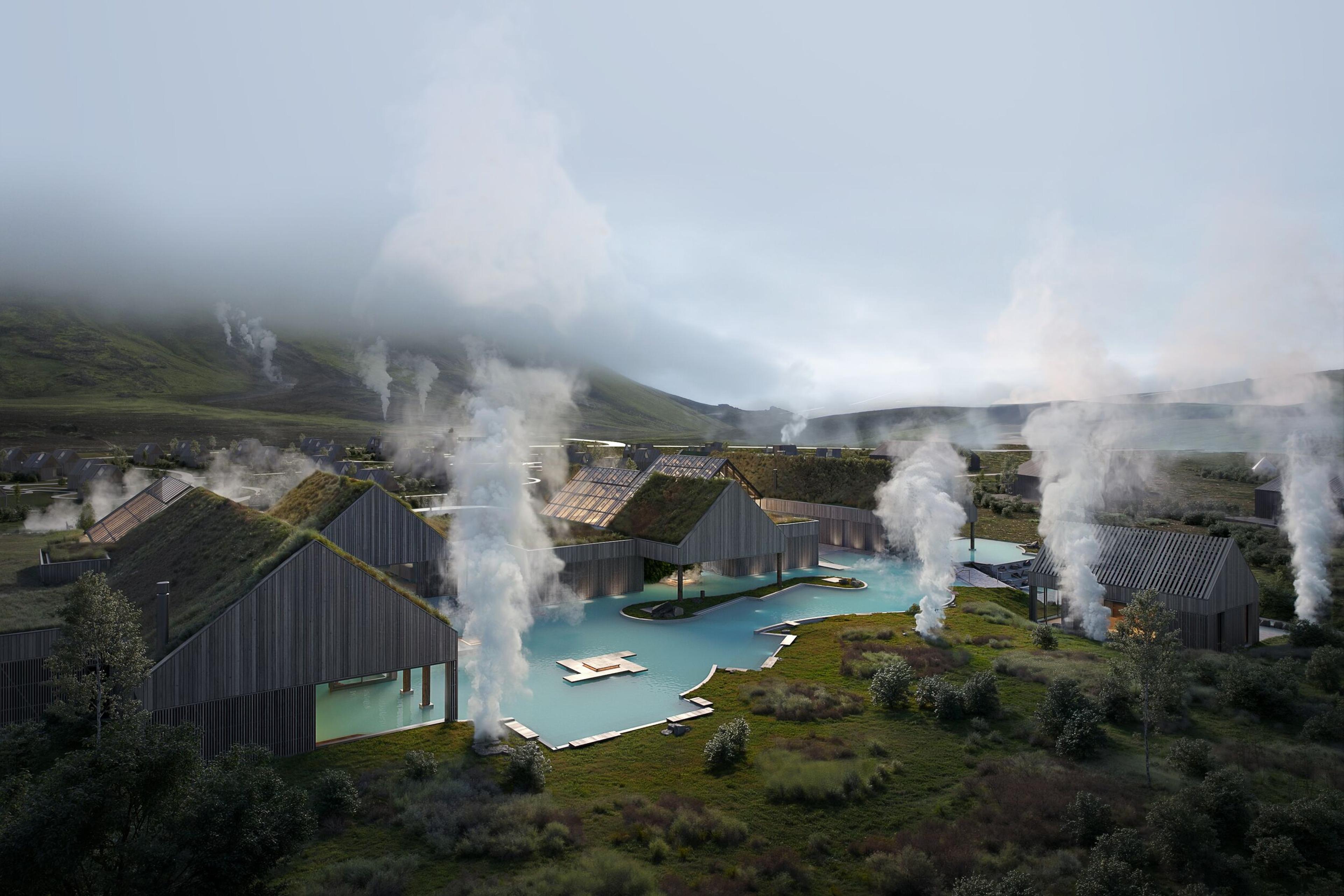 Geothermal resort with grass-roofed buildings, turquoise pools, and steam rising from the surrounding green landscape.