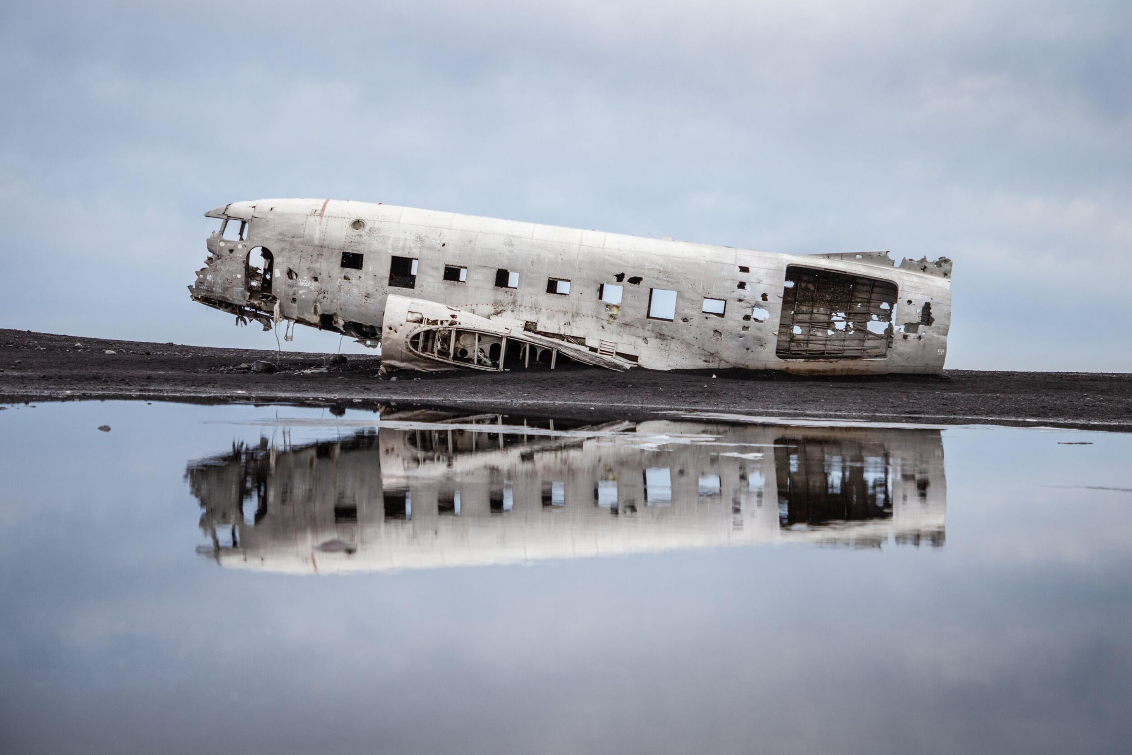 DC3 plane wreck on Sólheimasandur black beach on the south coast of Iceland.