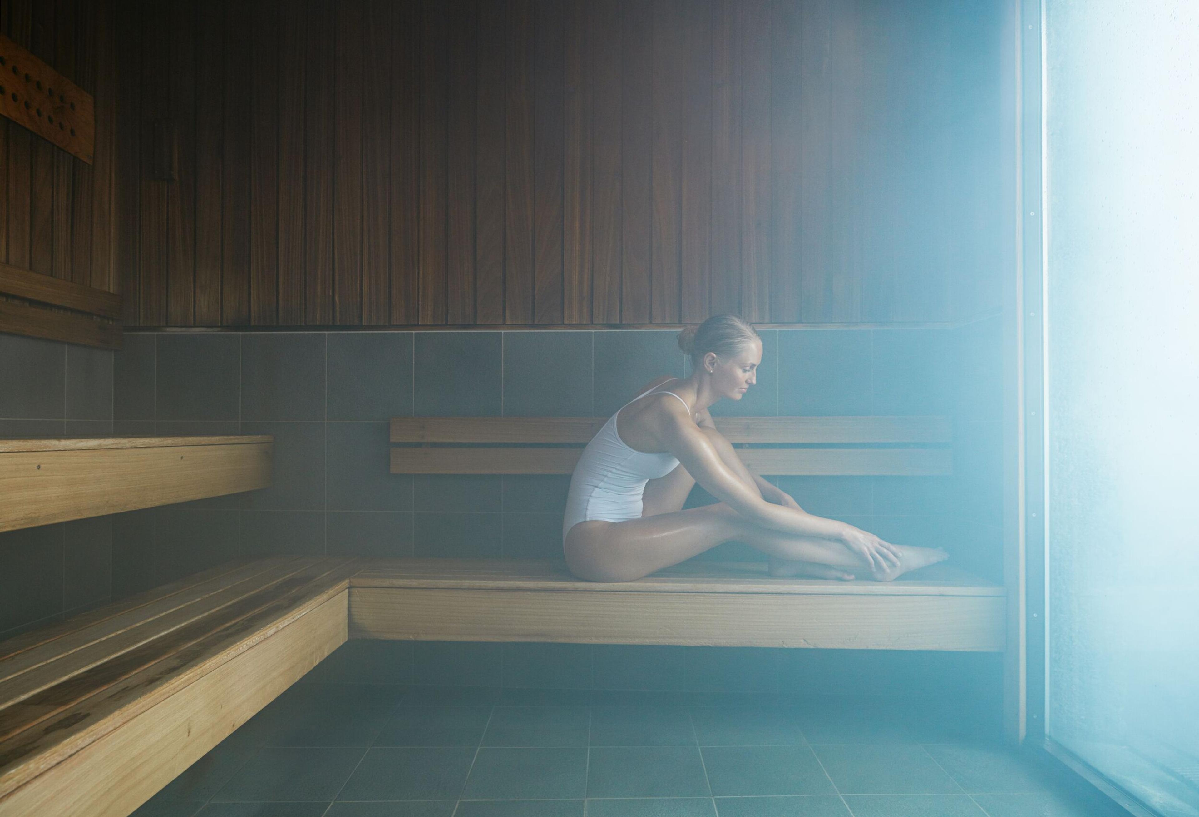 Woman in sauna at the Blue Lagoon, Iceland.