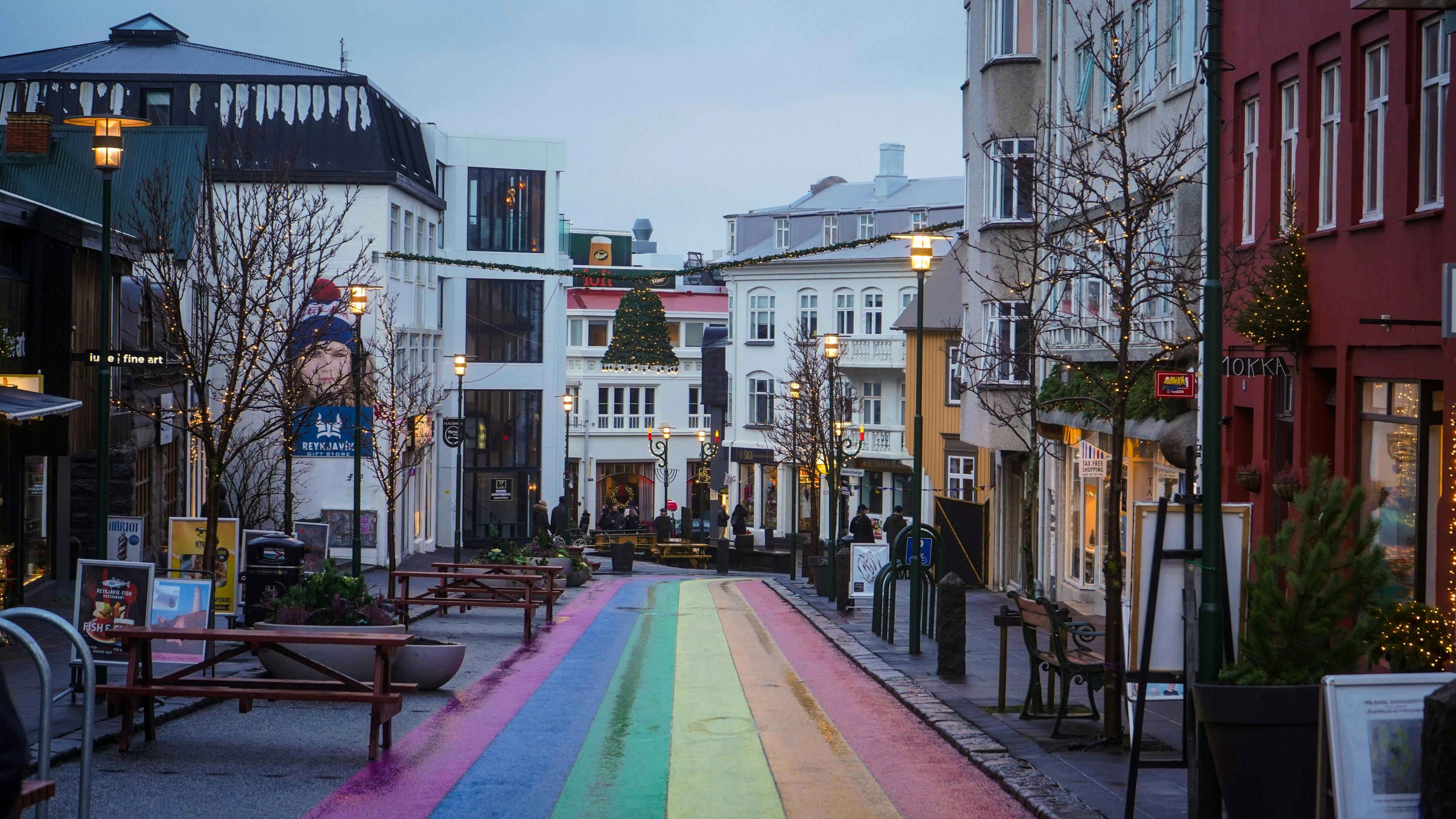 A view of Reykjavík downtown area, featuring the rainbow street and colorful buildings
