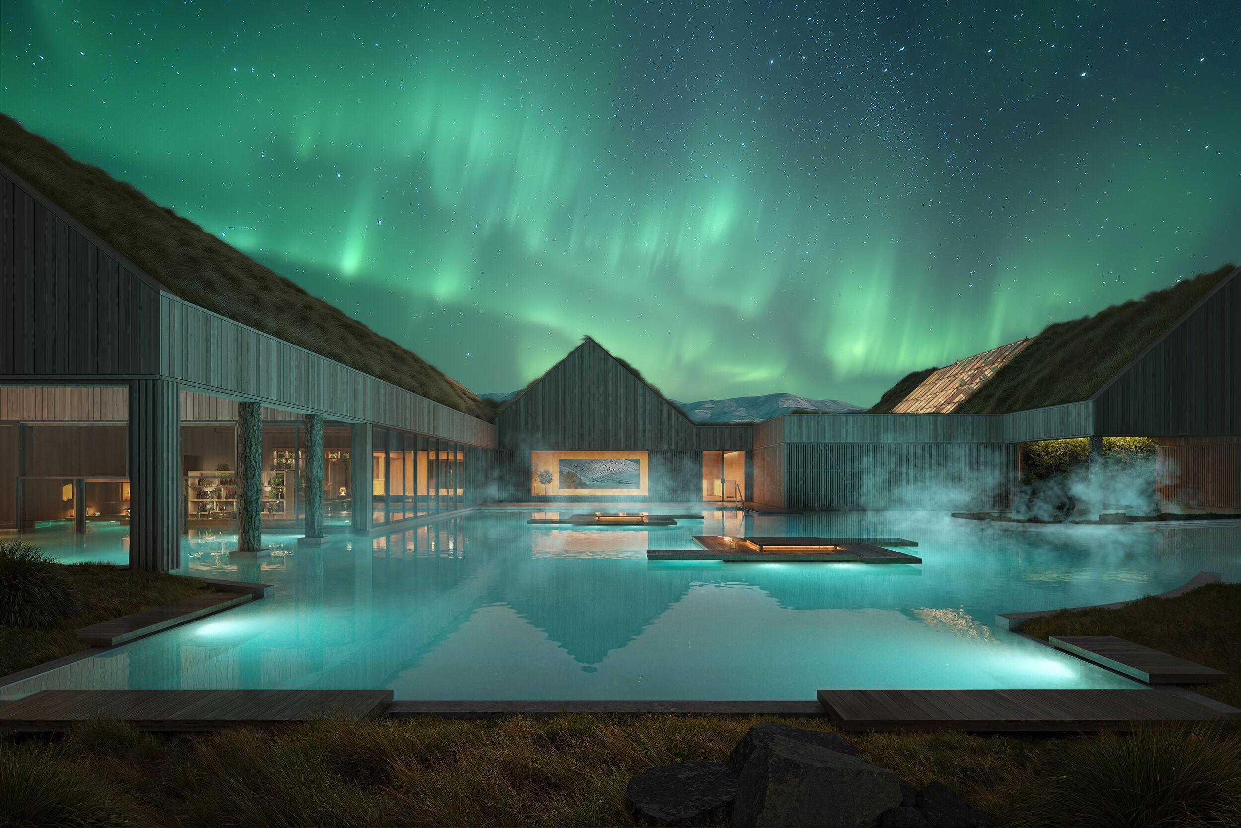 A modern resort with grass roofs and a steaming geothermal pool under a starry sky lit by vibrant green aurora borealis.