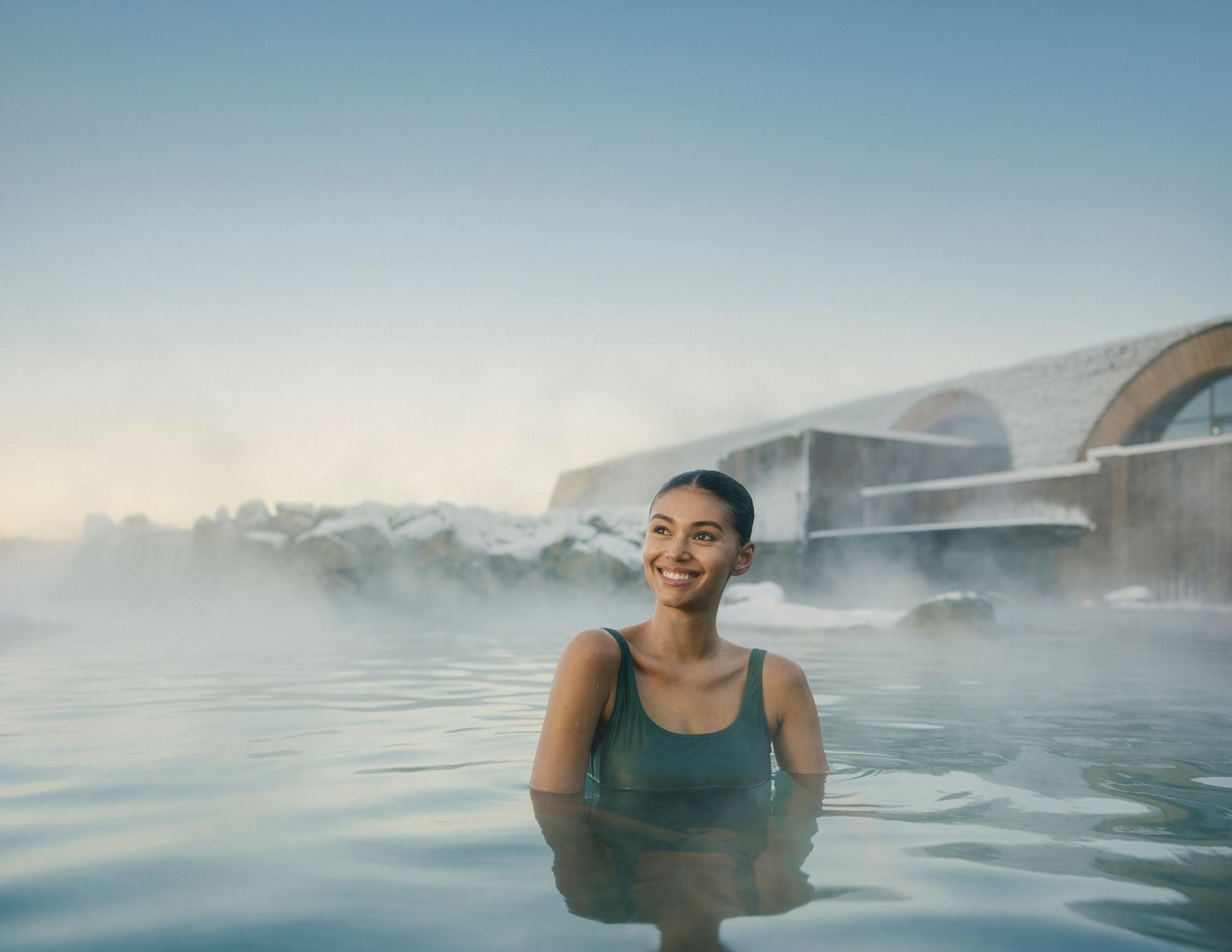 A smiling woman in a dark green swimsuit relaxes in a steamy outdoor geothermal pool with a modern building and snowy rocks in the background.
