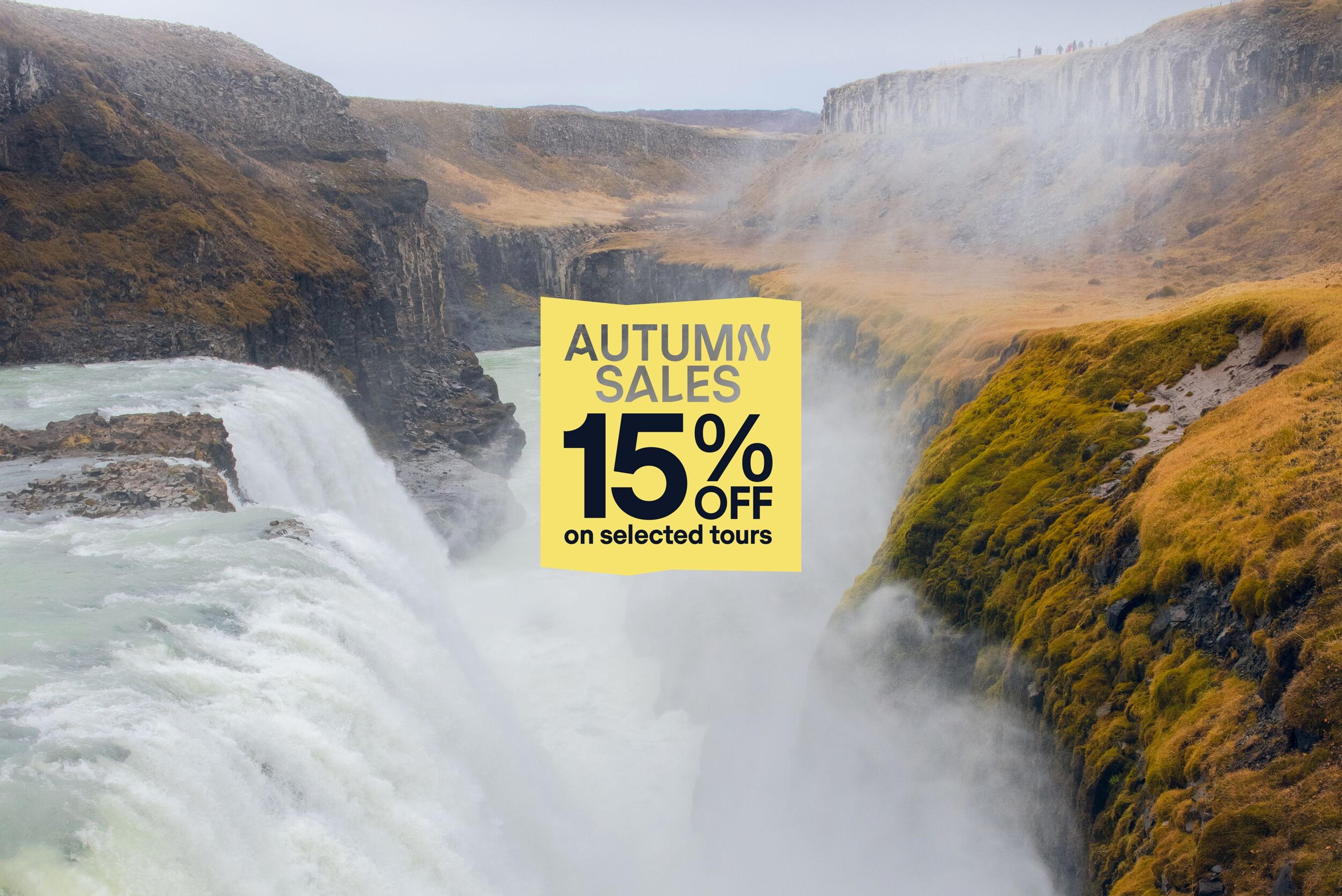 Waterfall surrounded by rugged cliffs and autumn foliage with a banner advertising “Autumn Sales: 15% off on selected tours.”