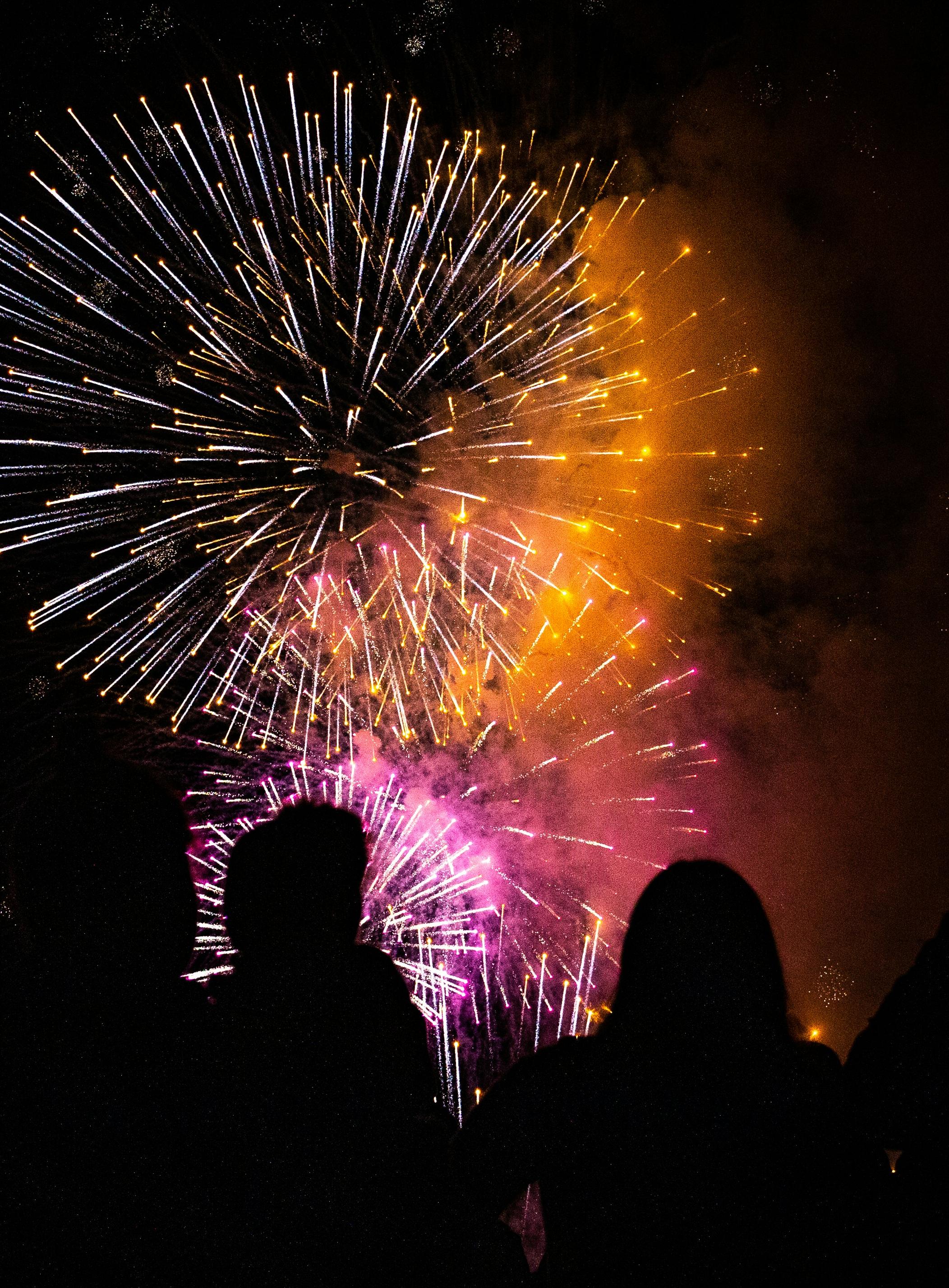 Silhouettes of people watching a vibrant fireworks display with bursts of yellow, purple, and white lighting up the night sky, creating a festive and awe-inspiring scene.
