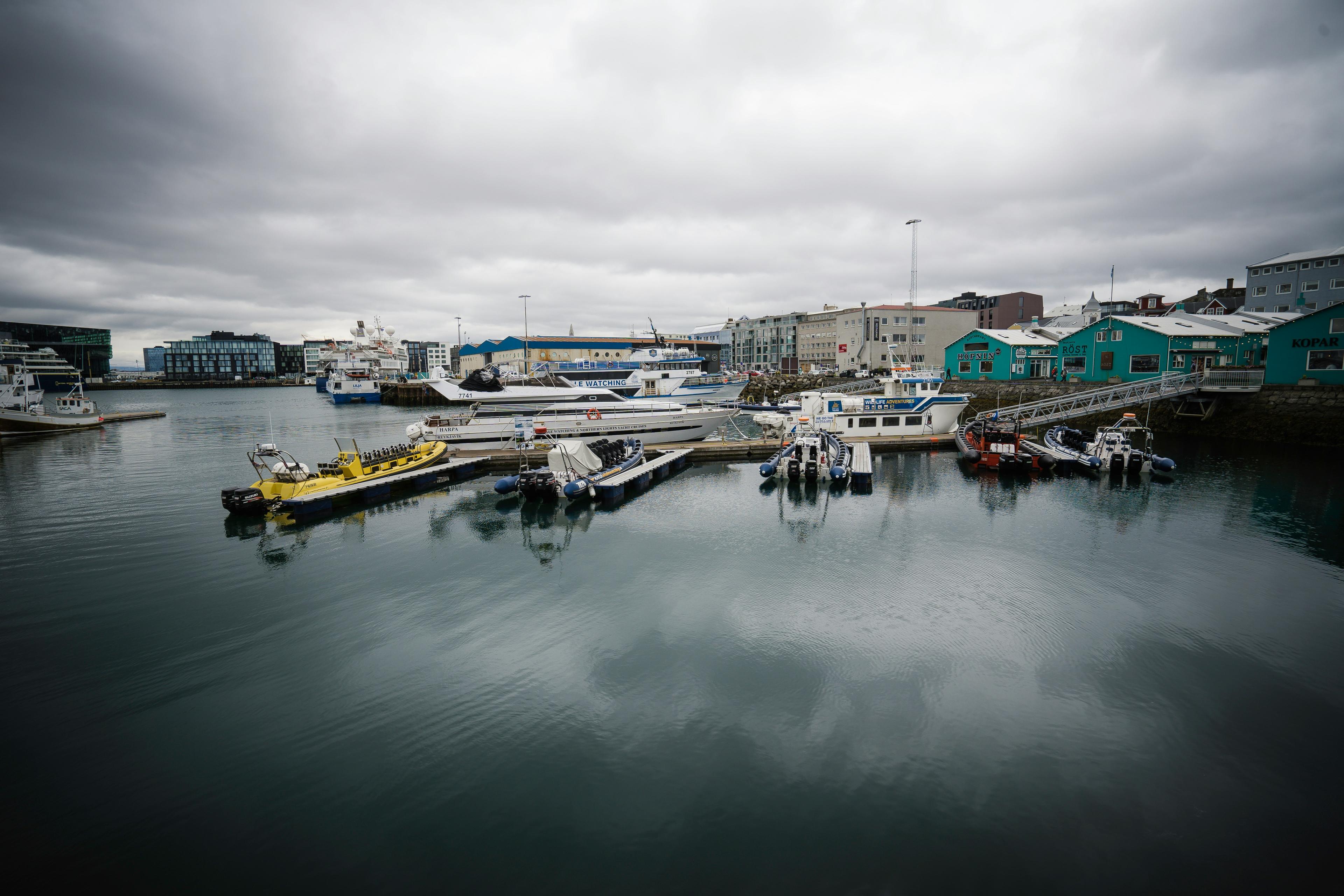 Boats docked at Reykjavik Old Harbor under a cloudy sky, with colorful buildings and calm water reflections.