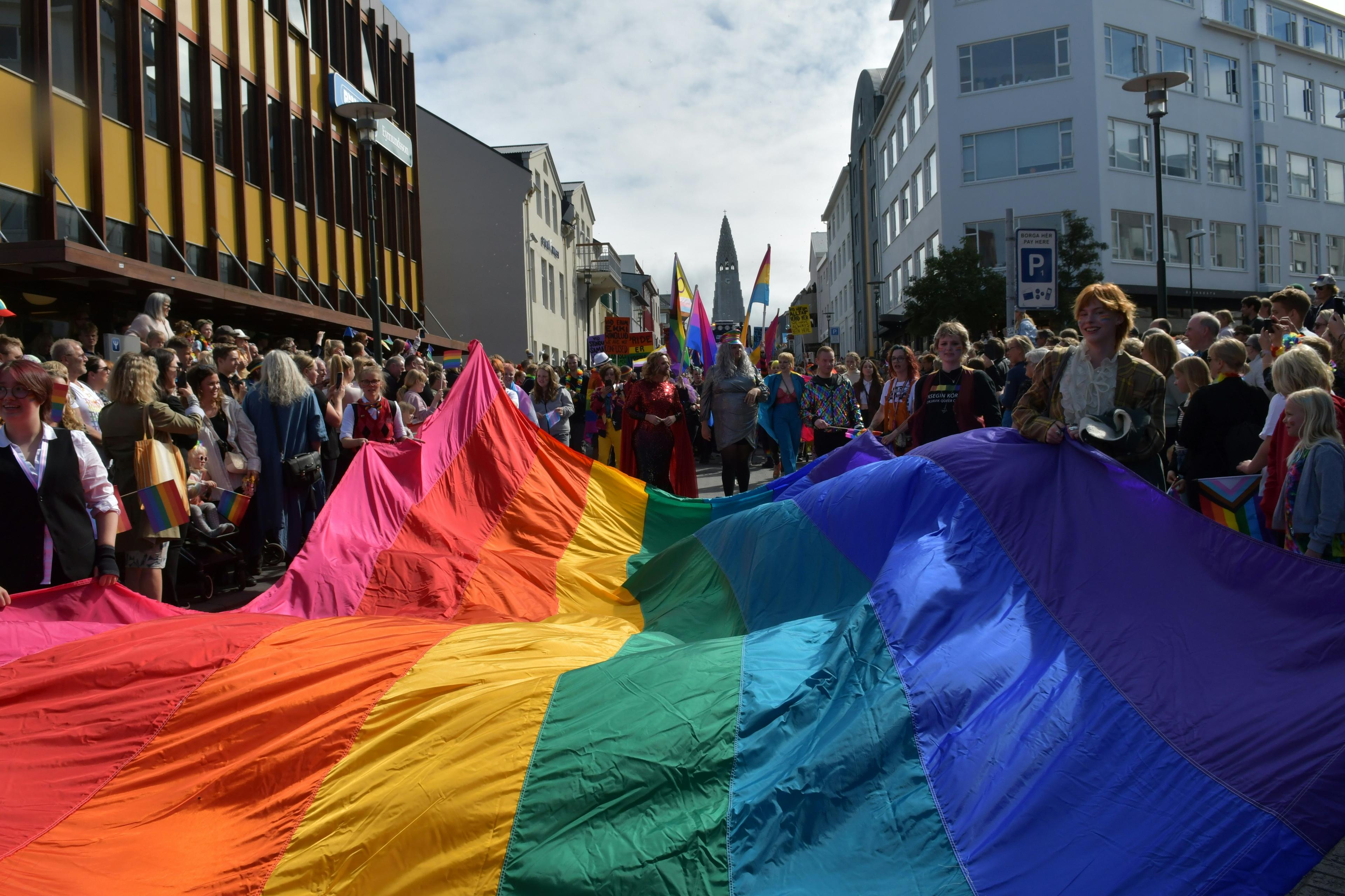 Crowd carrying a large rainbow flag during Reykjavik Pride parade, celebrating diversity and inclusion.