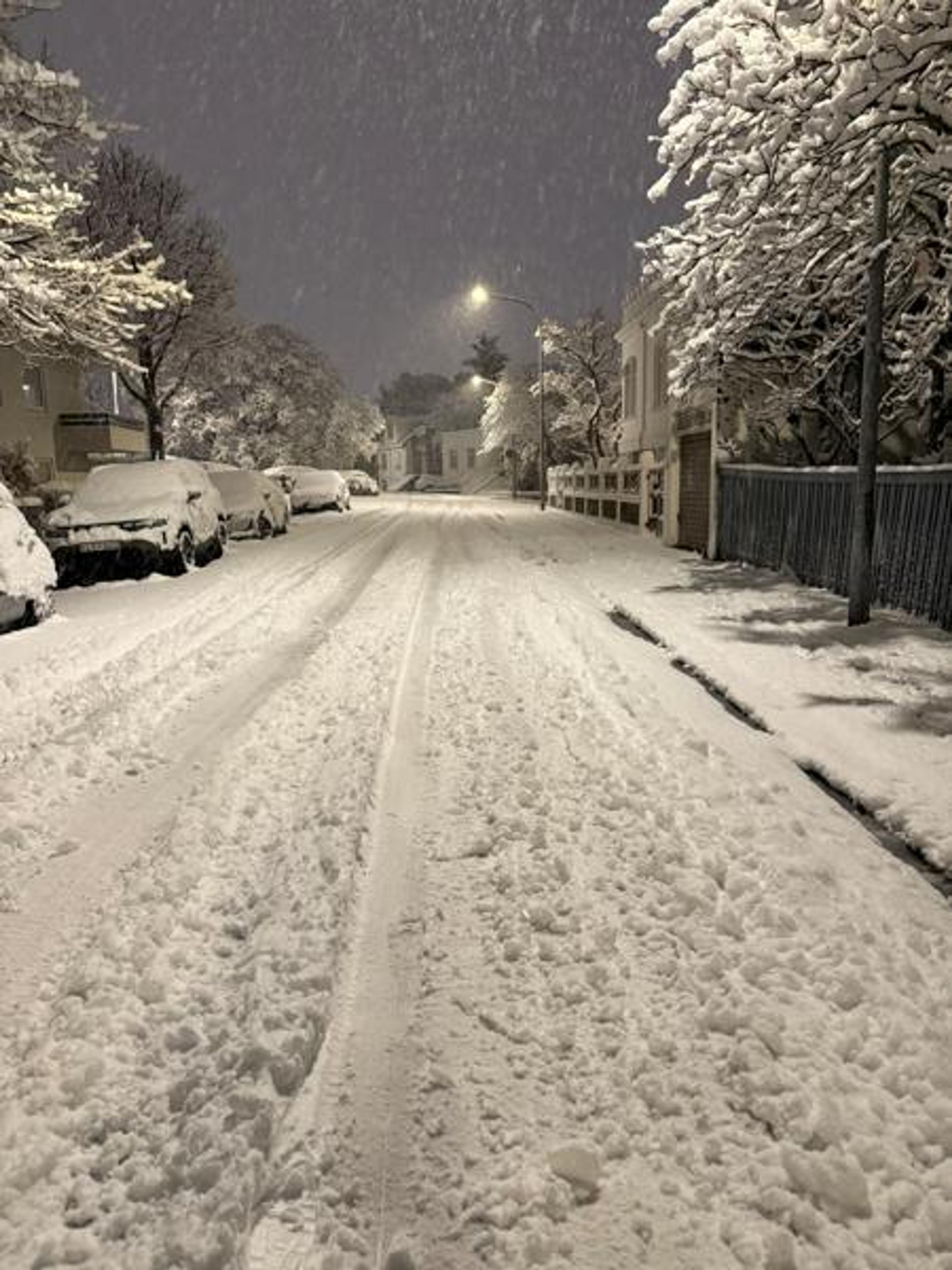A snow-covered street at night with falling snow, parked cars, and snow-laden trees.