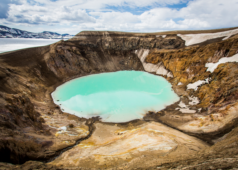 Aerial view of Askja Crater in the Icelandic Highlands. A lake with emerald colors lies at the bottom of the crater.
