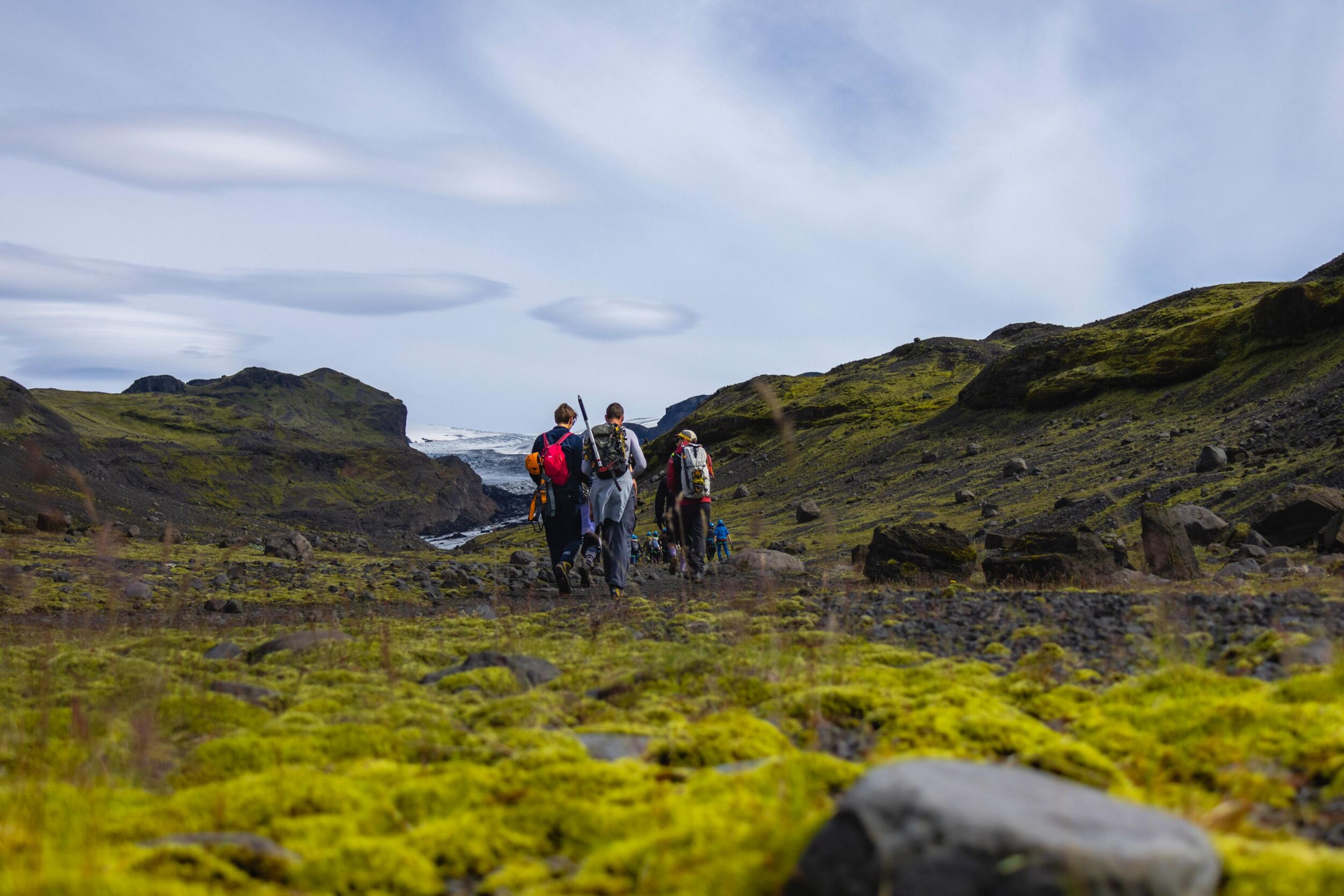 Four hikers with backpacks walk on a mossy, rocky path towards a distant glacier.