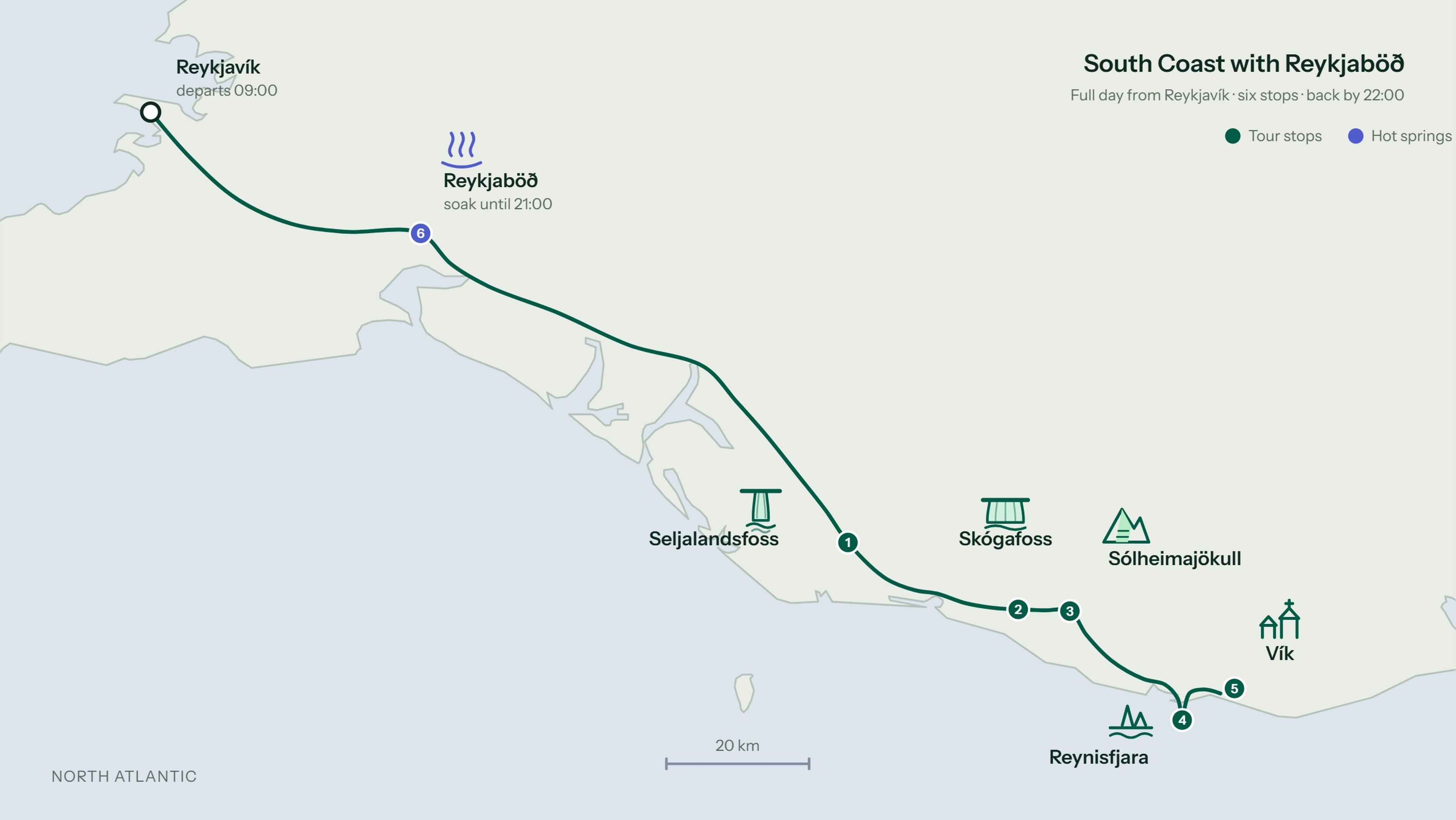 Map of a South Coast Iceland tour route from Reykjavík, visiting Reykjaboð hot springs, Seljalandsfoss, Skógafoss, Sólheimajökull glacier, Reynisfjara black sand beach, and Vík.