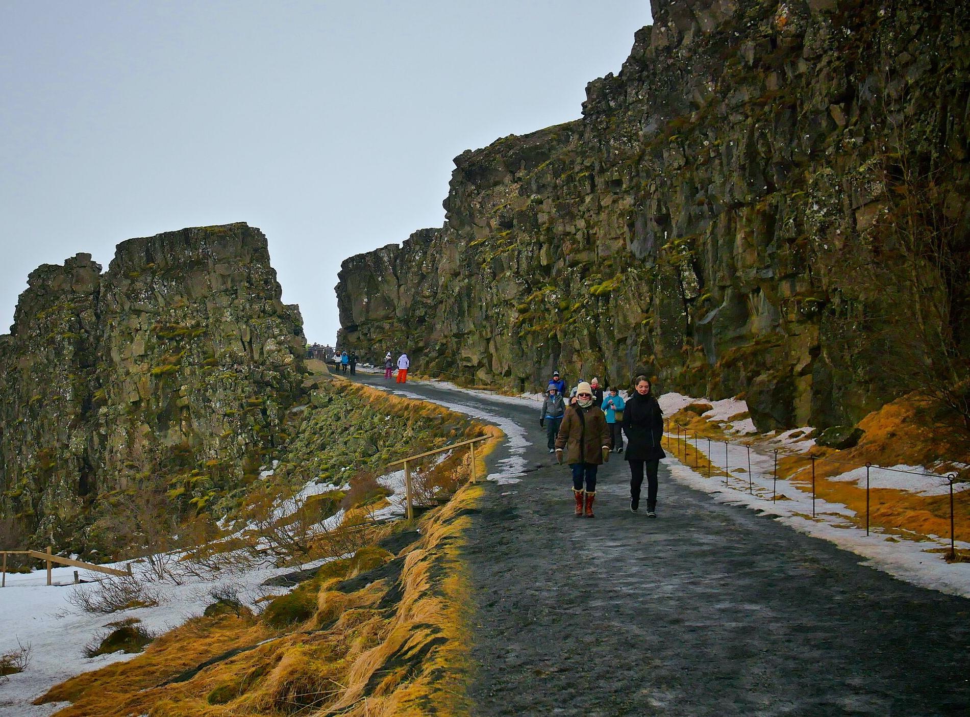 A group of people walking down the Þingvellir national park in Iceland