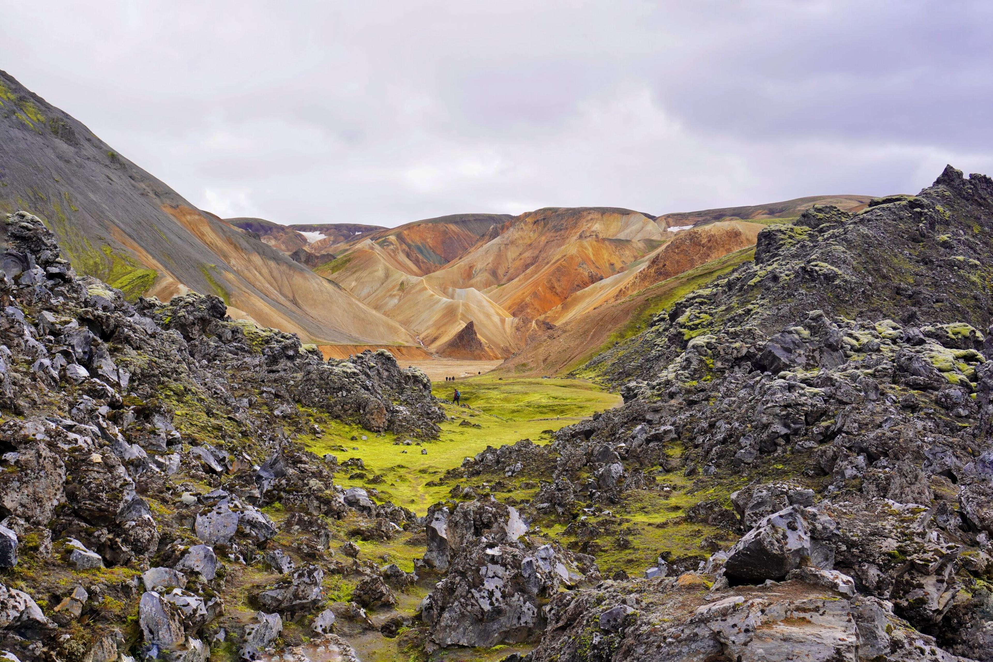 The green pathway between lava formations in Landmannalaugar