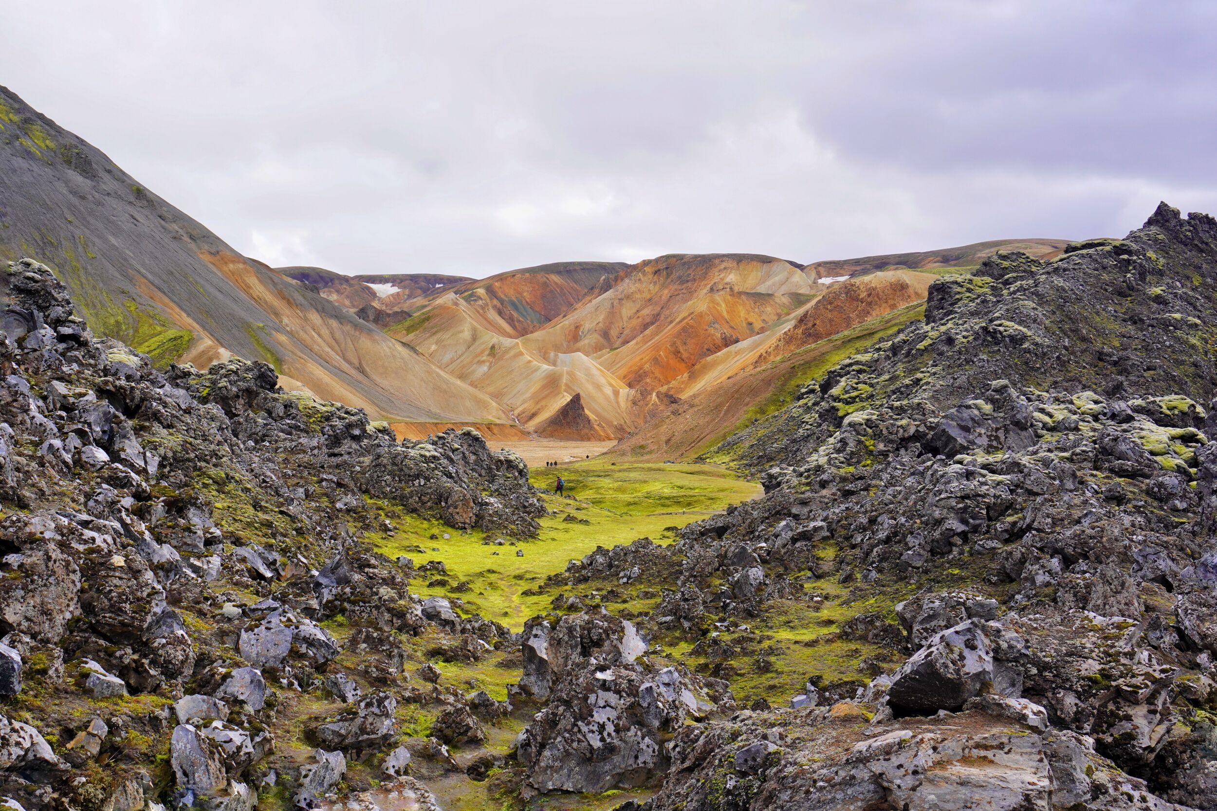 The green pathway between lava formations in Landmannalaugar