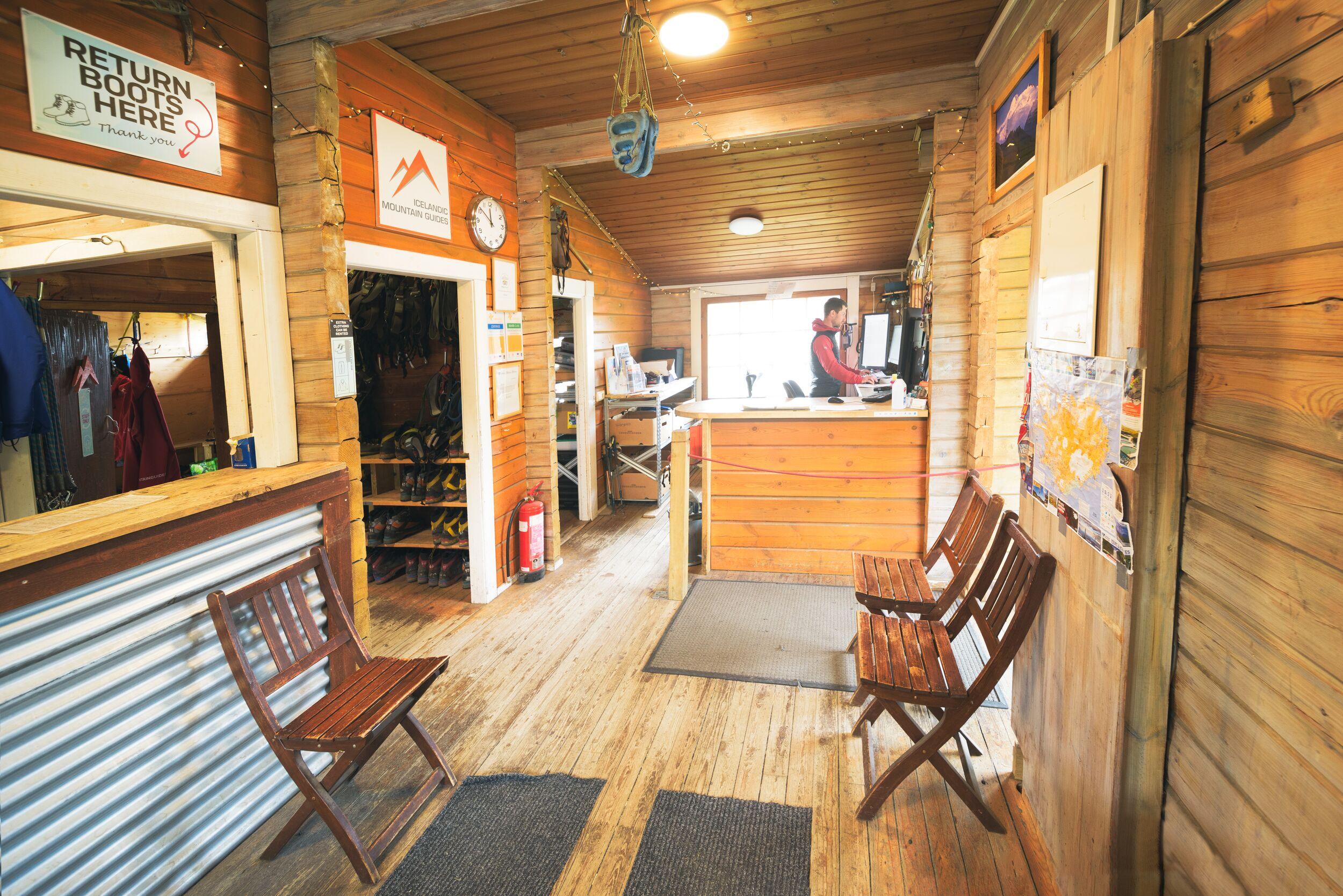 Interior view of a cozy wooden hut