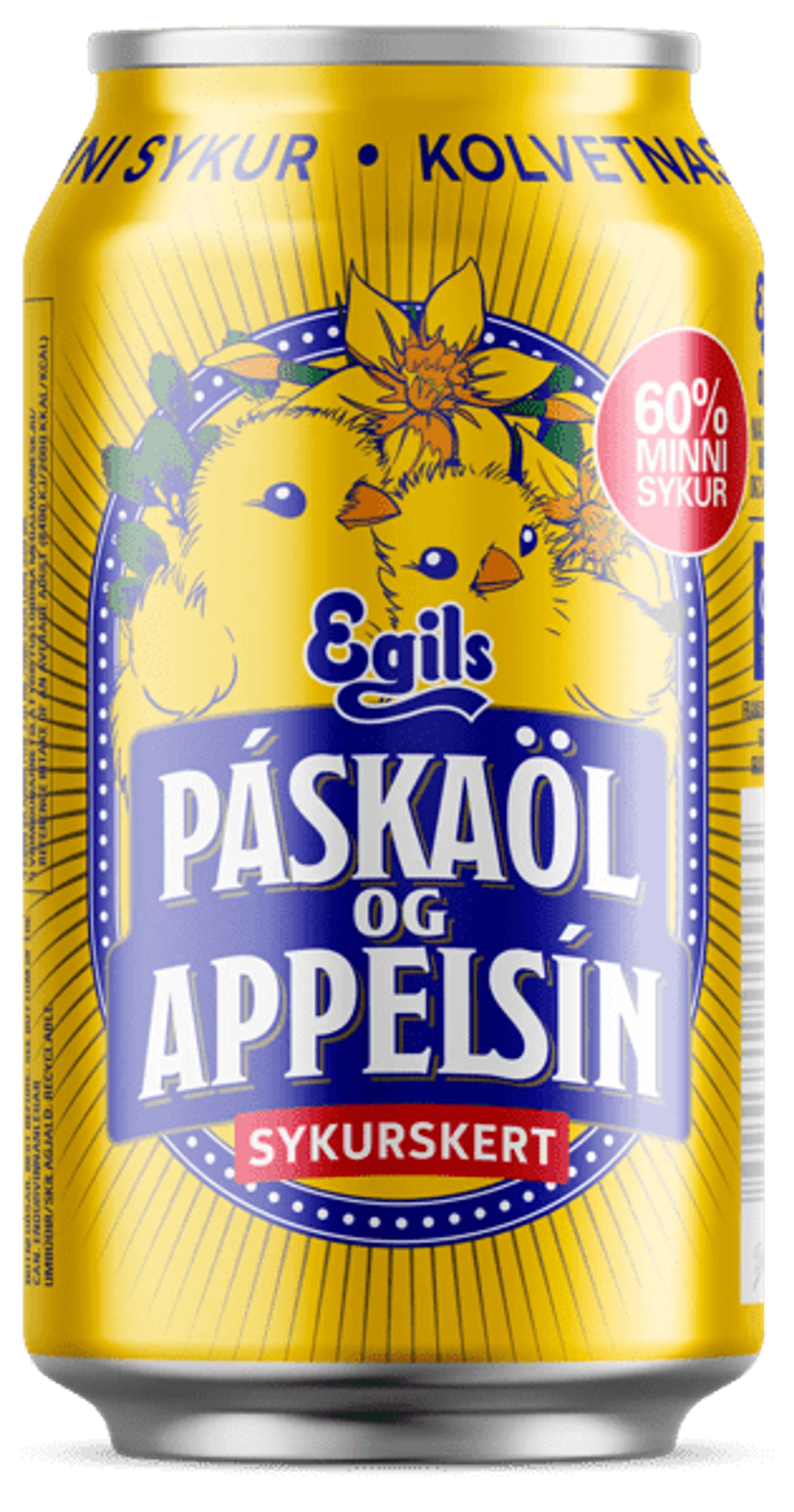 Yellow Egils Páskaöl og Appelsín soda can decorated with chicks and flowers, stating "60% less sugar."