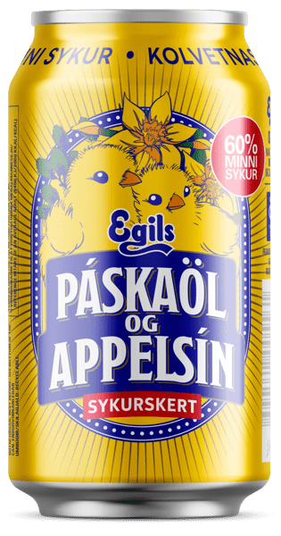 Yellow Egils Páskaöl og Appelsín soda can decorated with chicks and flowers, stating "60% less sugar."