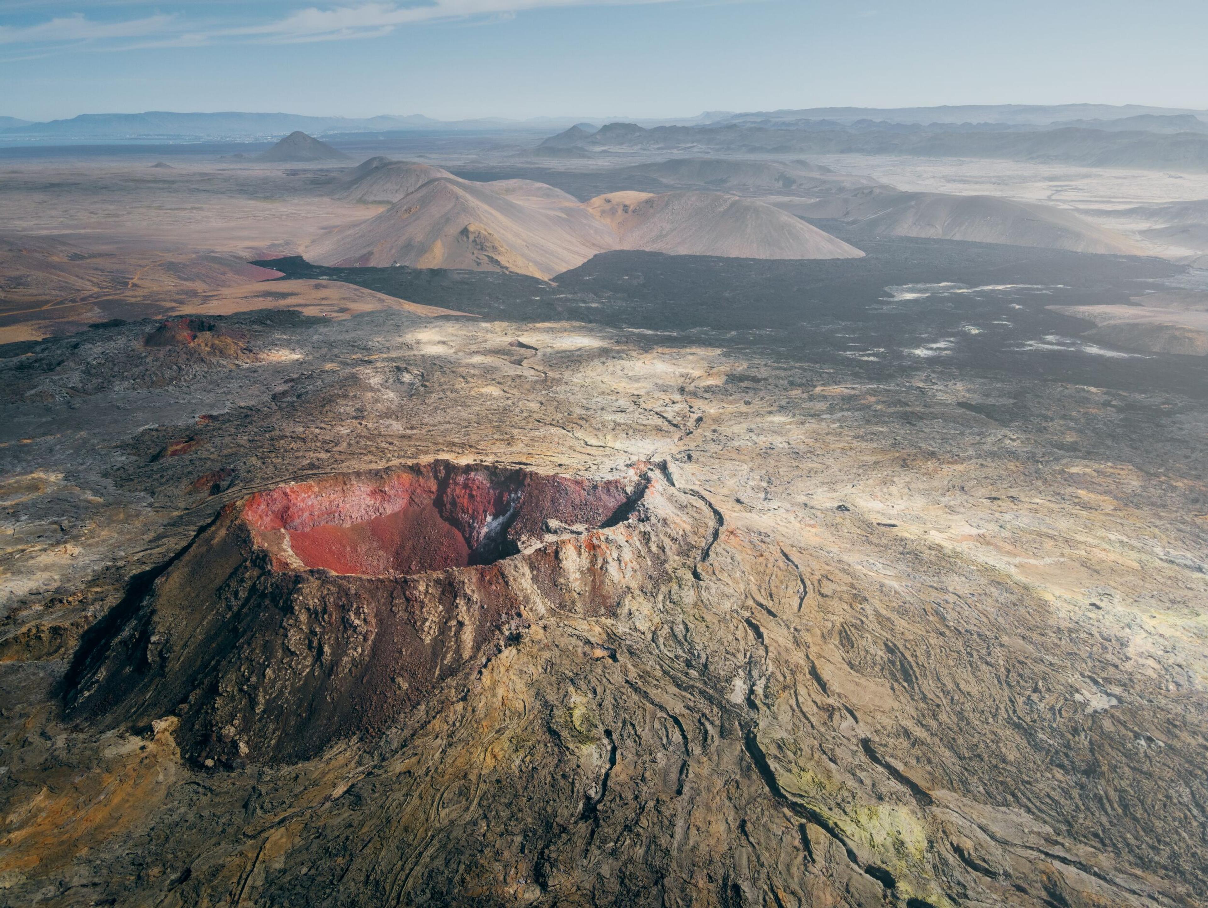 Aerial view of Fagradalsfjall. Volcanic caldera on the foreground.
