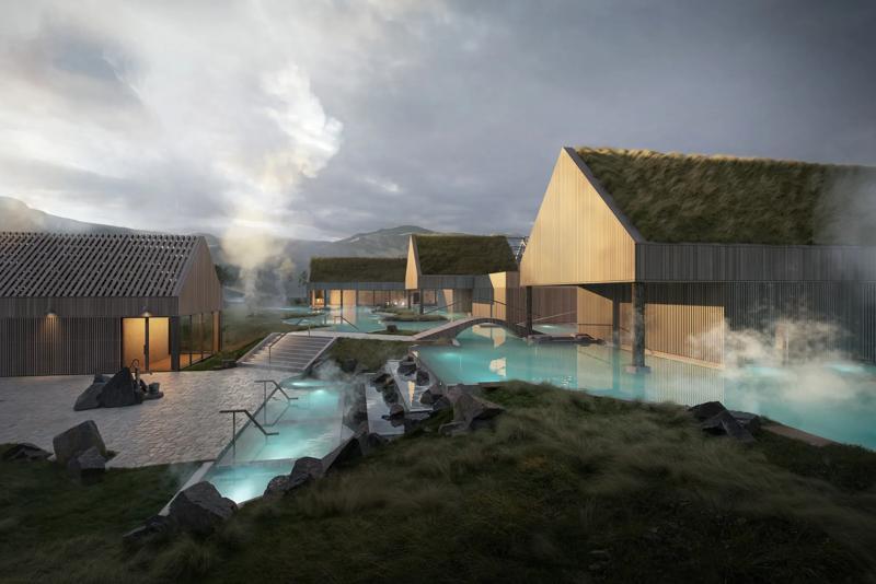 Modern geothermal resort with wooden buildings, green roofs, and steaming turquoise pools amidst a rocky landscape.