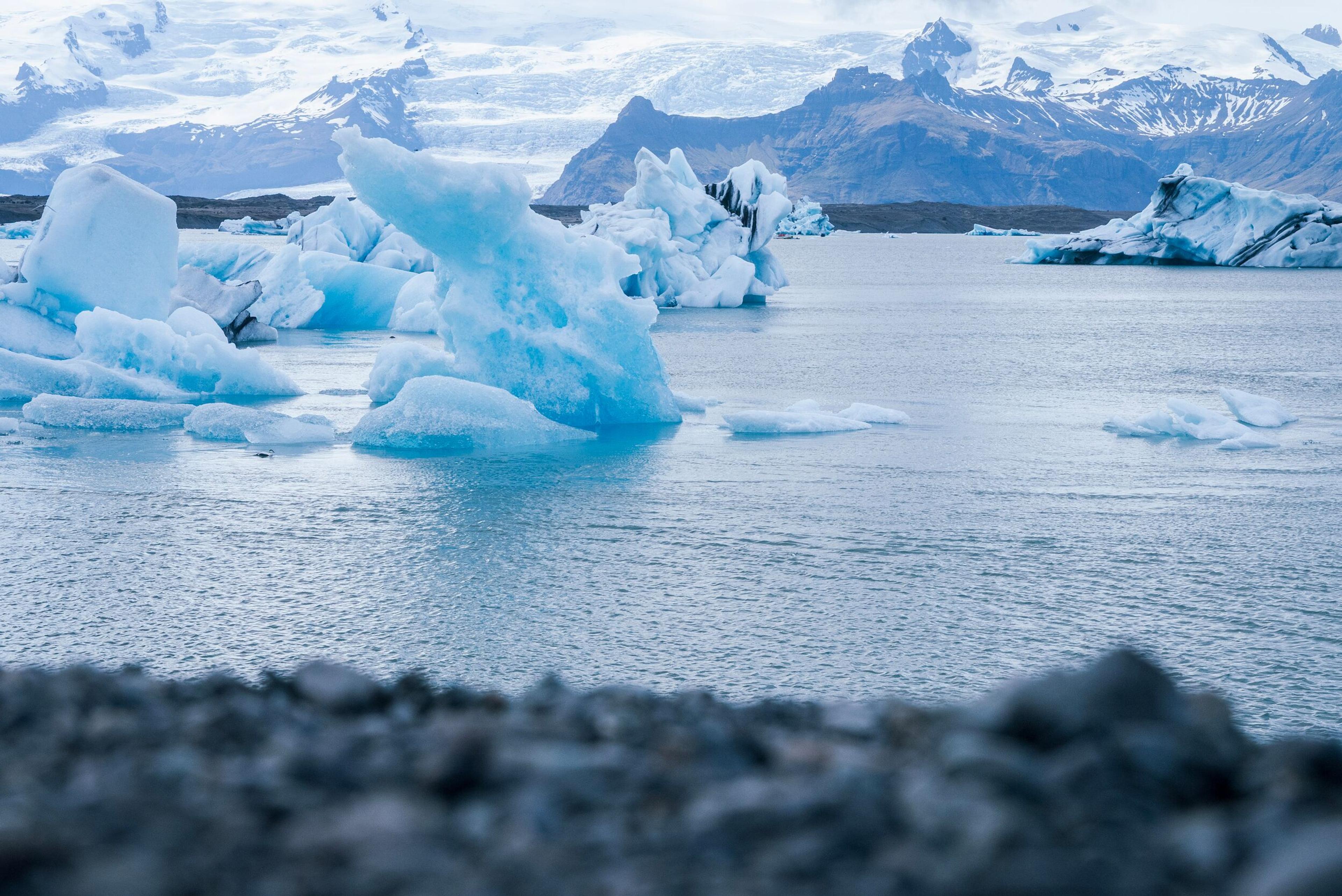 Blue icebergs float in a glacial lagoon with snow-capped mountains and glaciers in the background.