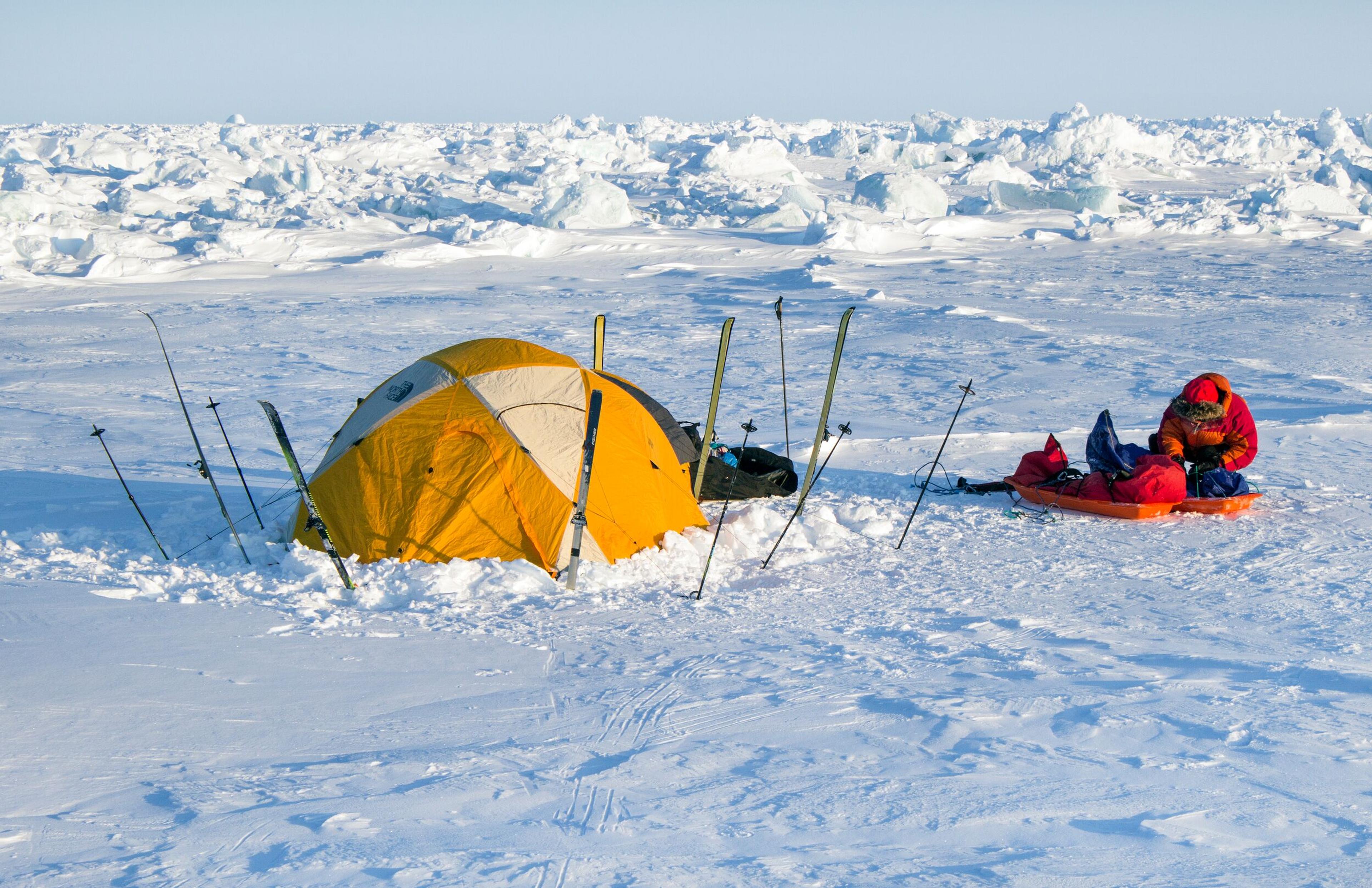 Explorers camping on the Vatnajökull glacier in Iceland.