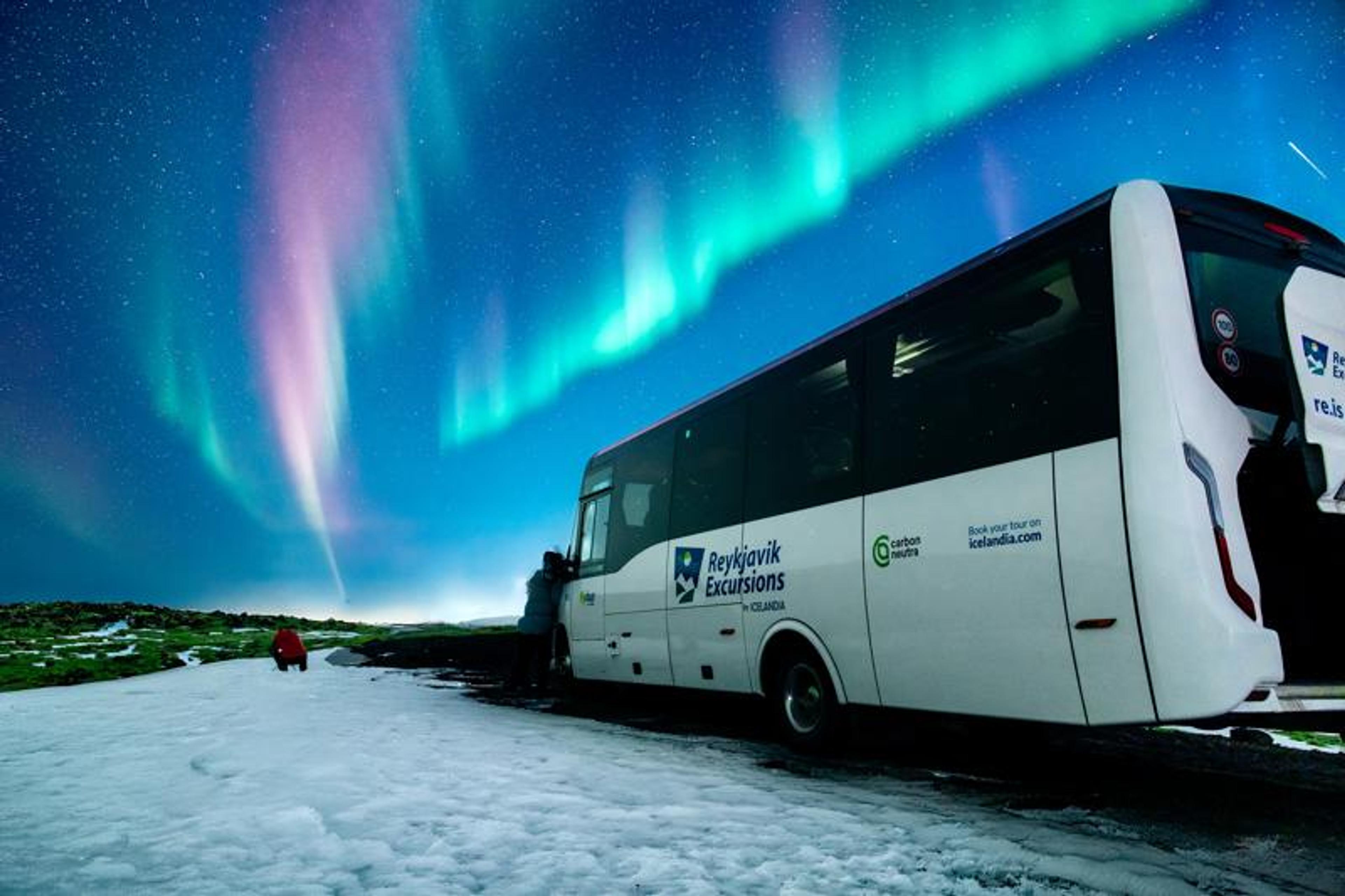 A Reykjavik Excursions bus parked on a snowy landscape under vibrant green and pink Northern Lights.