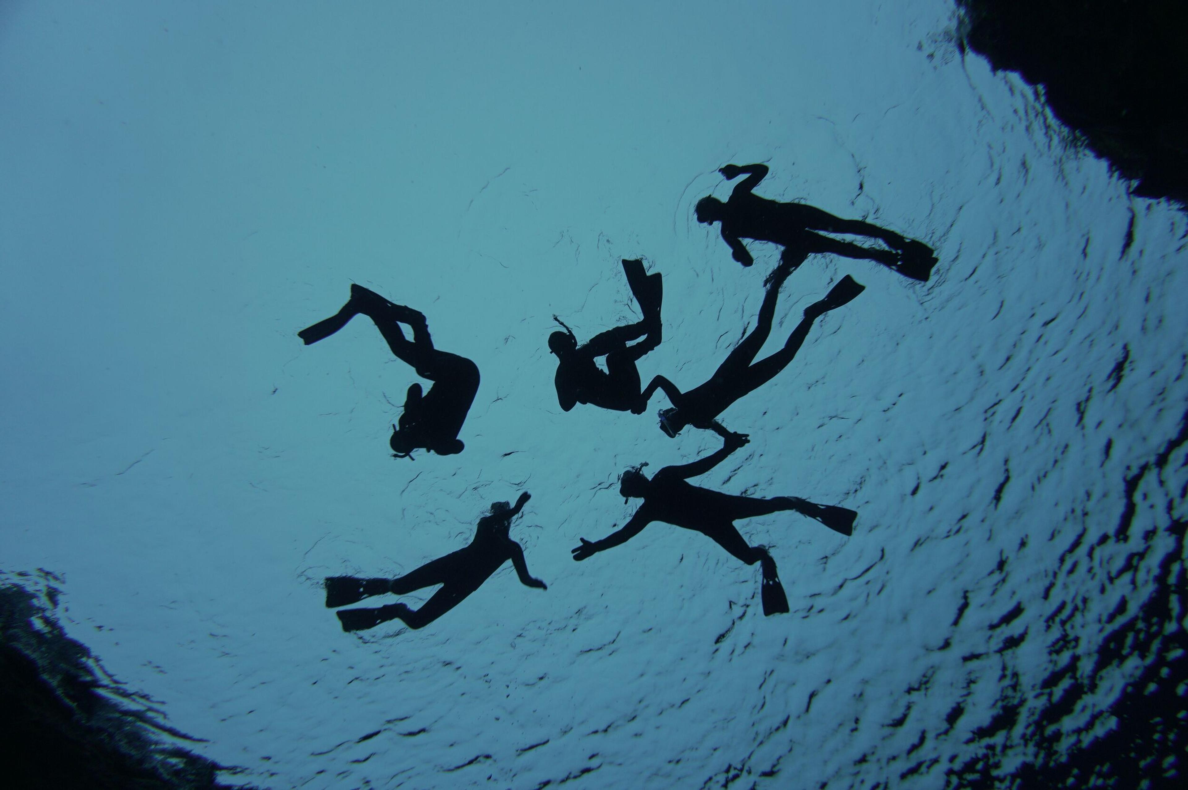 Silhouettes of six snorkelers floating on the water's surface, captured from below against a deep blue background.