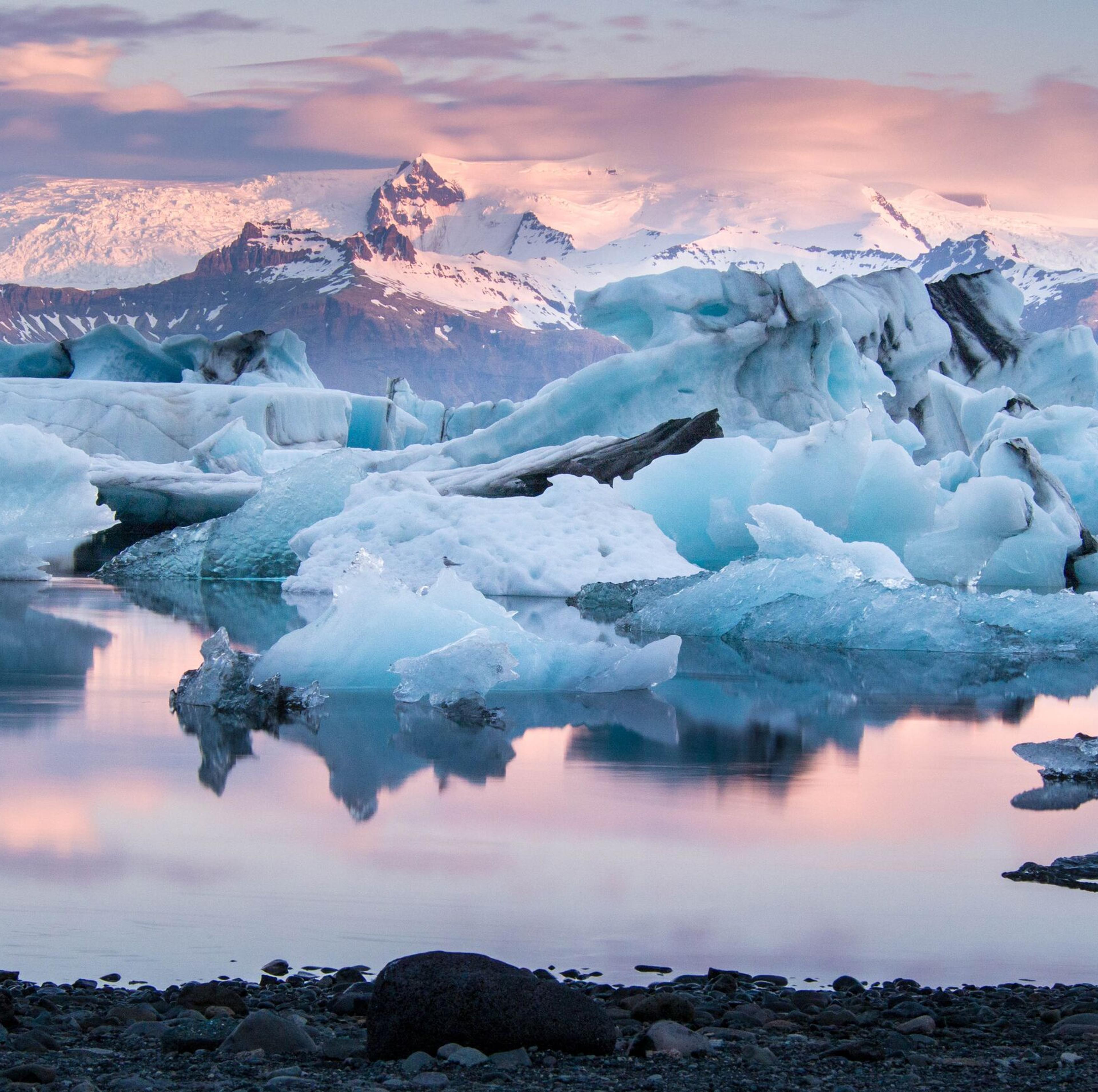 Jökulsárlón lagoon during sunset. Floating icebergs and a mountain on the background.
