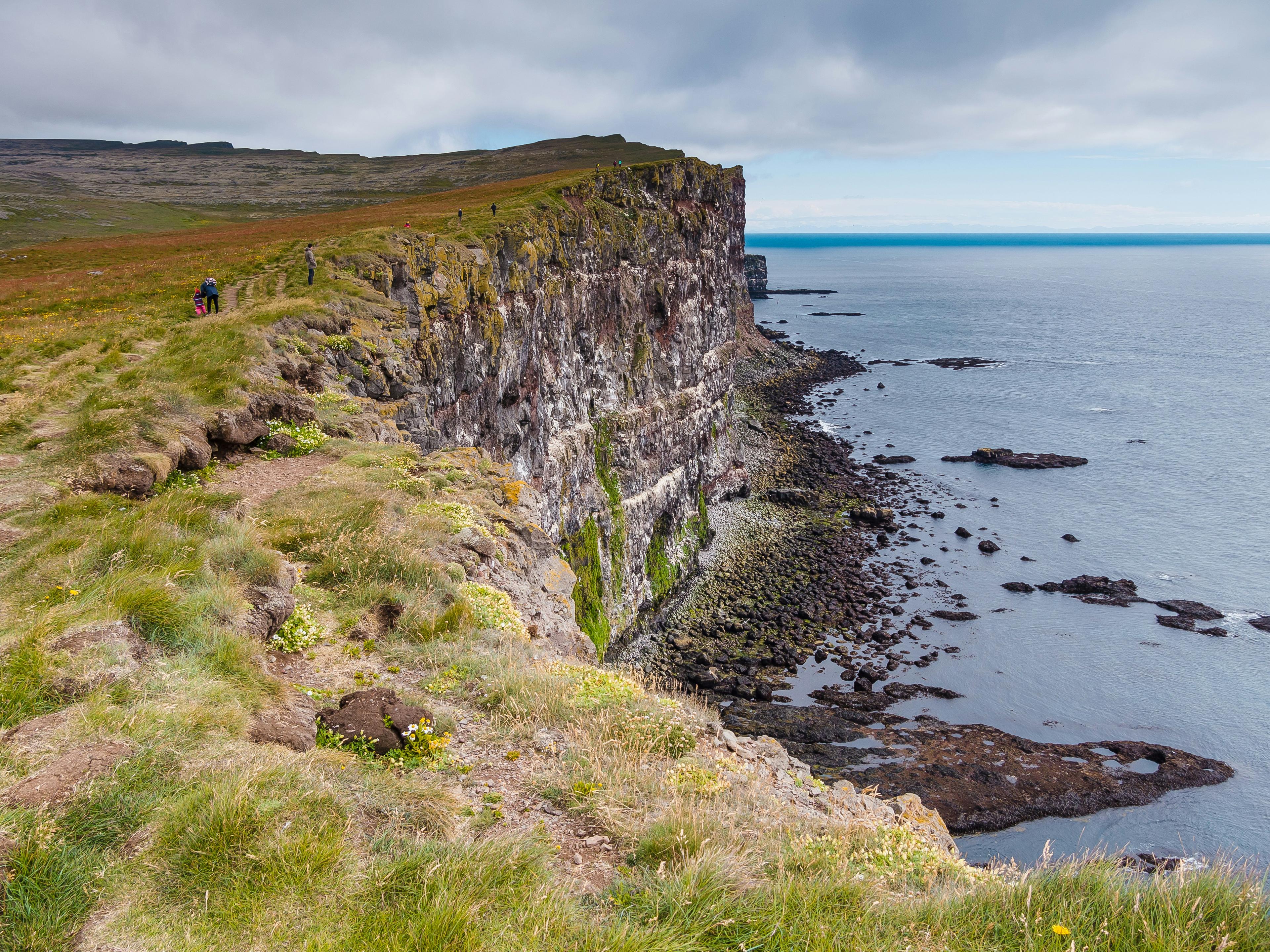 A scenic view of a grassy cliff overlooking the rocky coastline and ocean in Iceland, with a distant hiker on the trail.