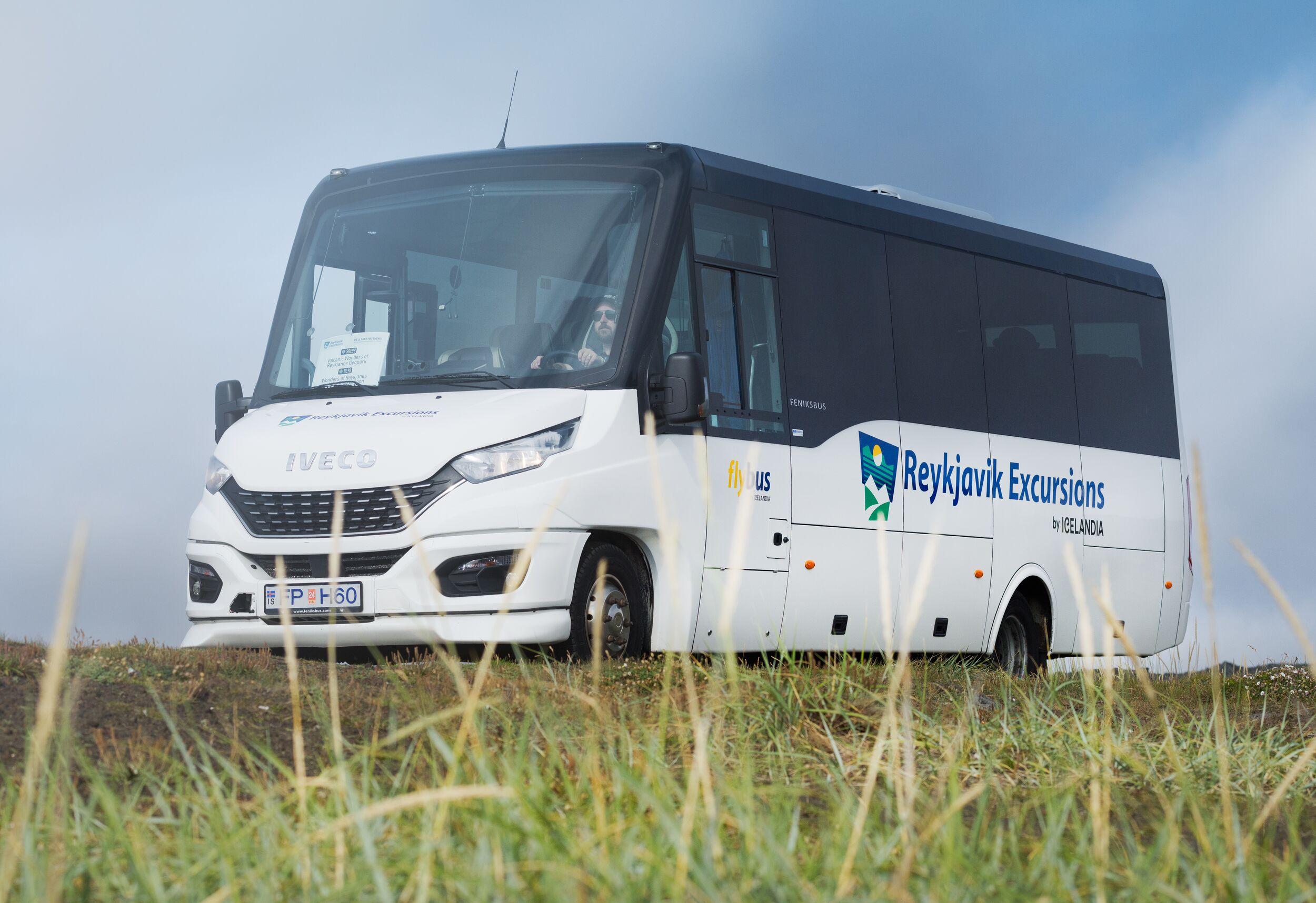 A white "Reykjavik Excursions" bus parked on a grassy area, with a clear sky in the background.