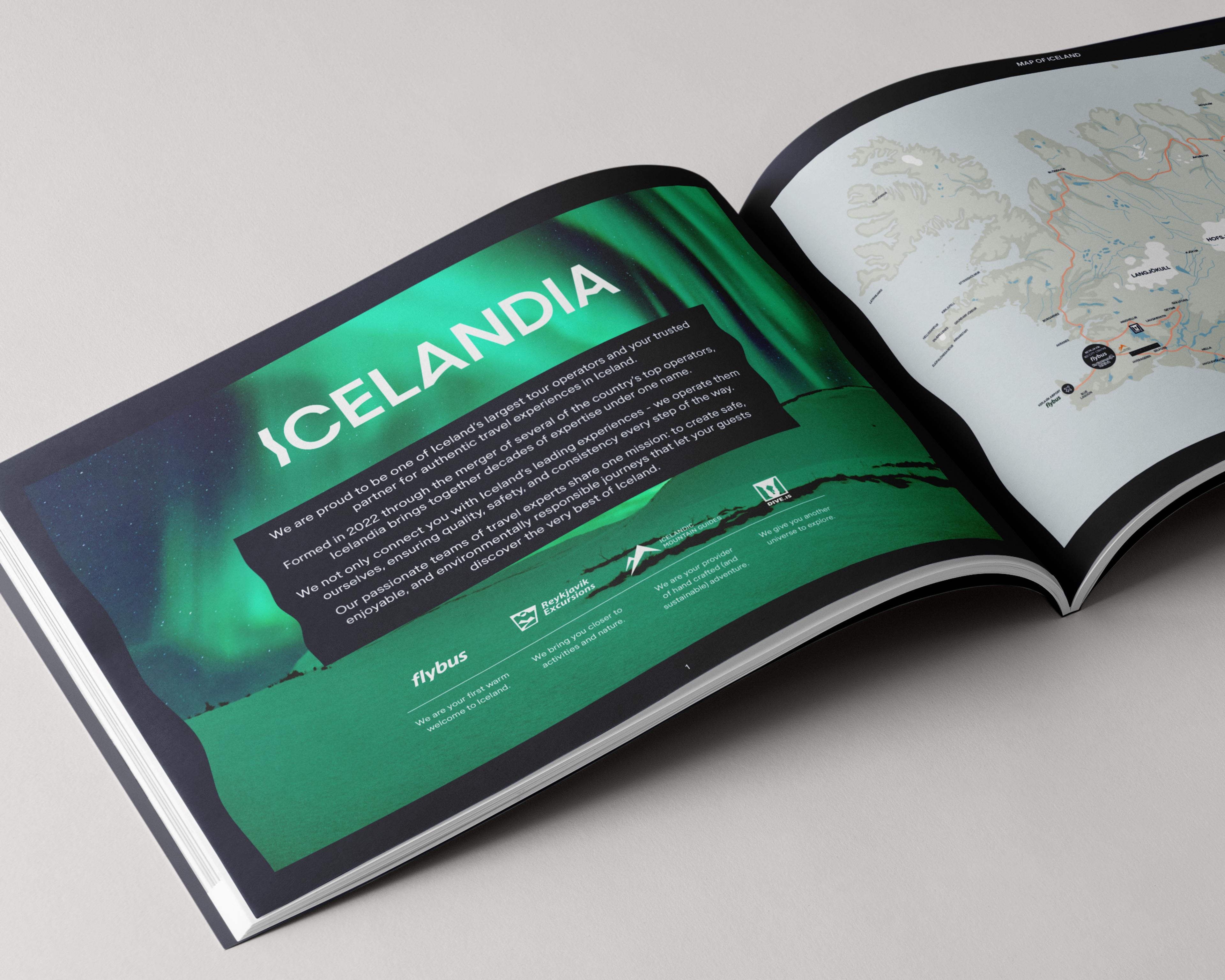 An open travel magazine shows "ICELANDIA" with Northern Lights on the left page and a map of Iceland on the right.
