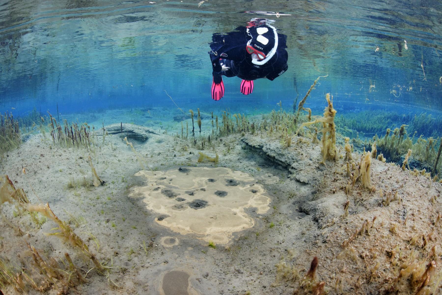 a diver exploring the sand bubbles of Litlá River in Iceland